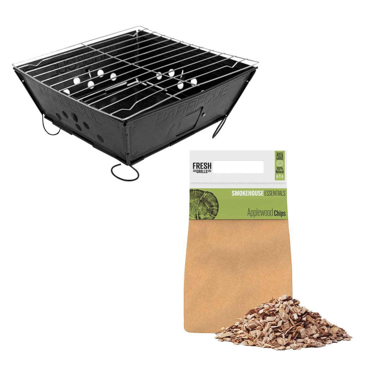 Portable BBQ grill in black metal with a removable grate, paired with a bag of applewood wood chips for enhanced flavor