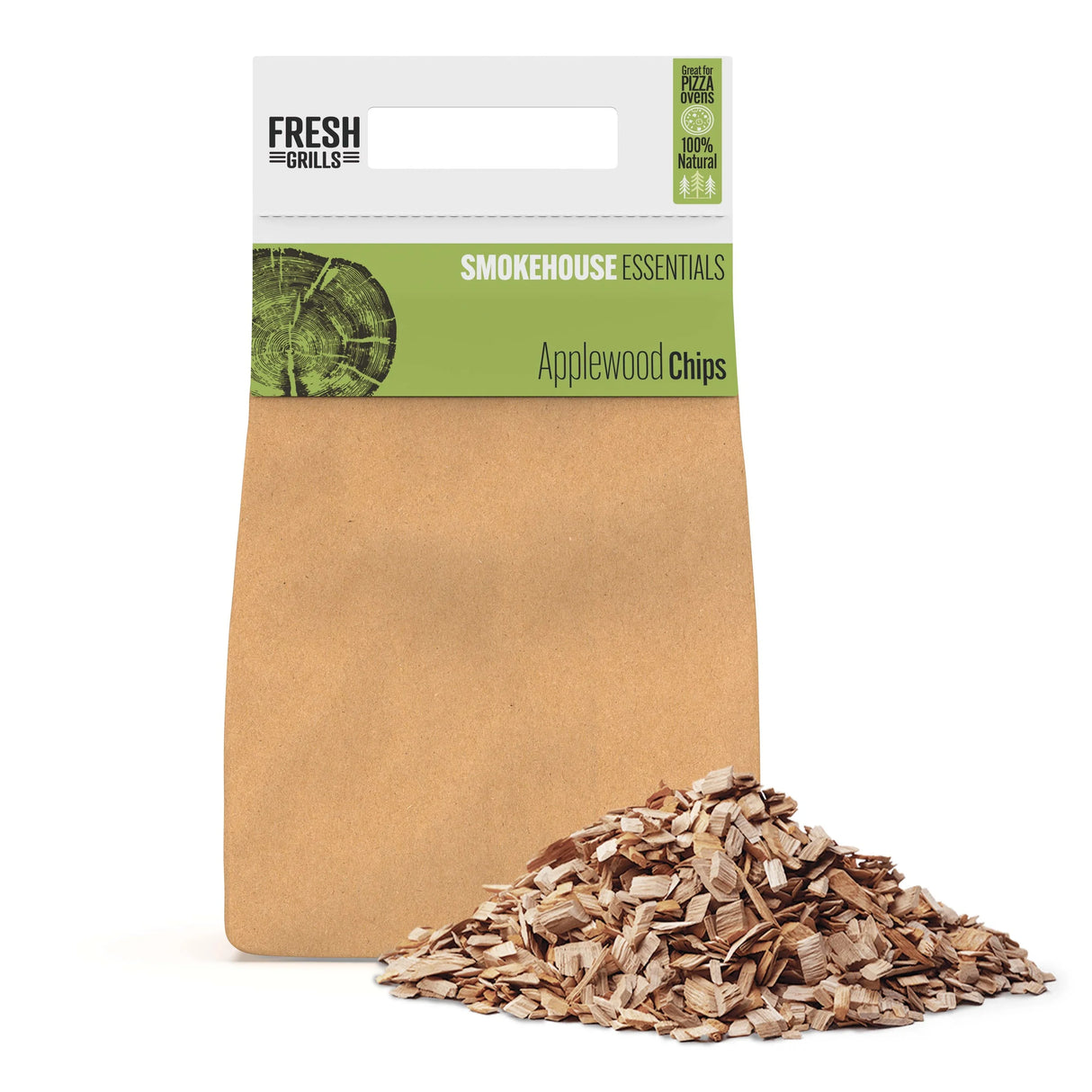 Applewood wood chips in a kraft paper bag, perfect for enhancing flavor in portable BBQ grilling, showcasing a natural, rustic look