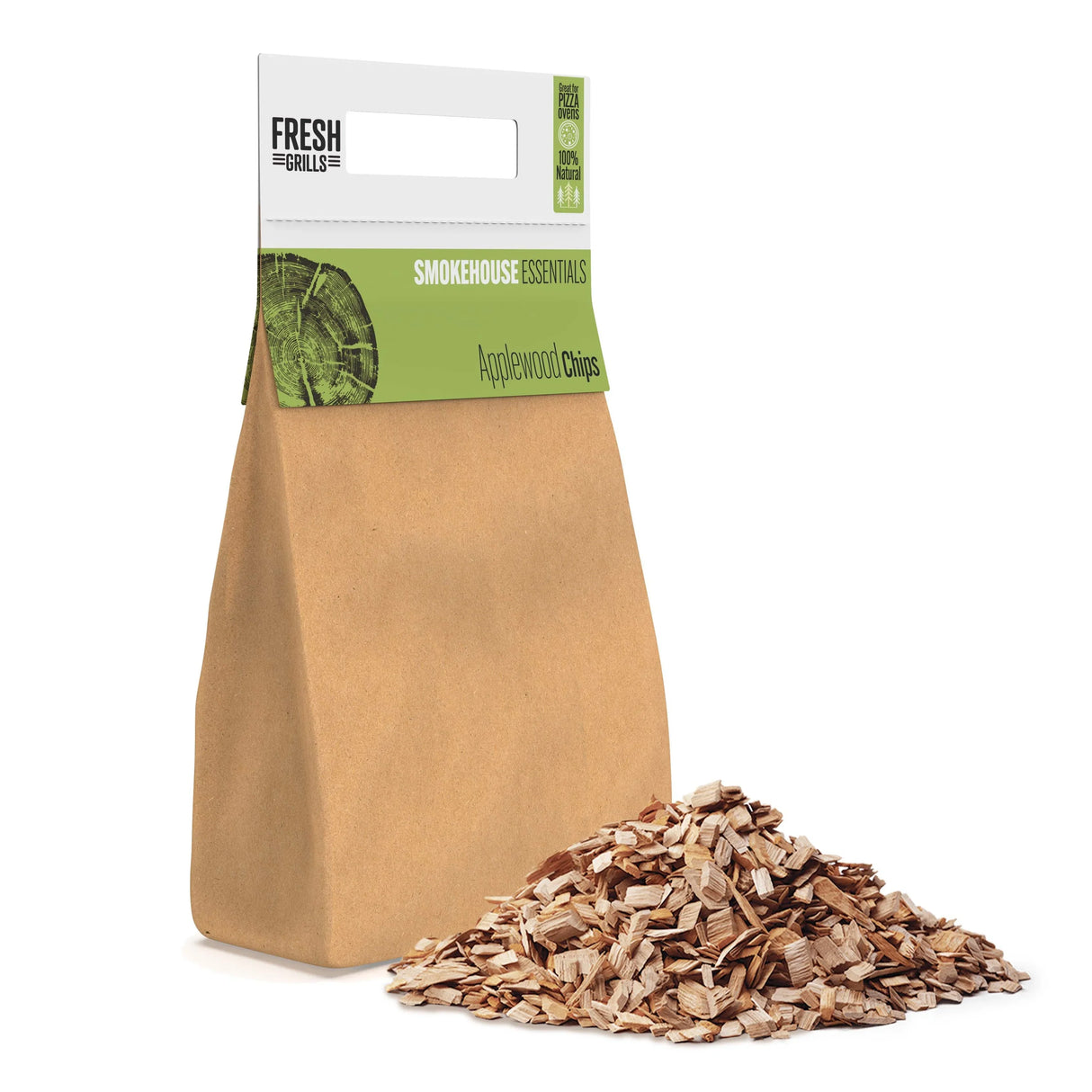 Portable BBQ applewood wood chips in a kraft bag, showcasing finely chopped wood pieces ideal for enhancing grilling flavor