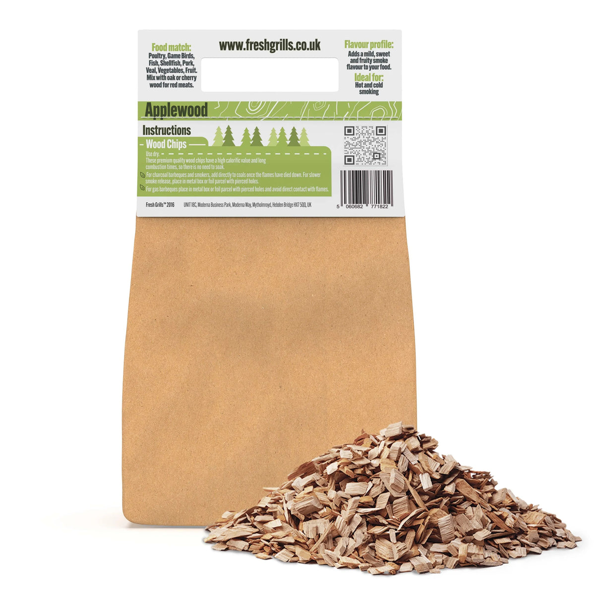 Portable BBQ applewood wood chips in a brown paper bag, showcasing finely shredded wood with a light tan color and natural texture