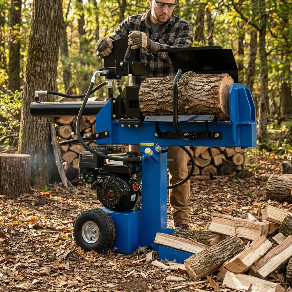 15T Log Splitter in blue, with a user splitting a log in a forest setting, surrounded by stacked firewood and autumn leaves