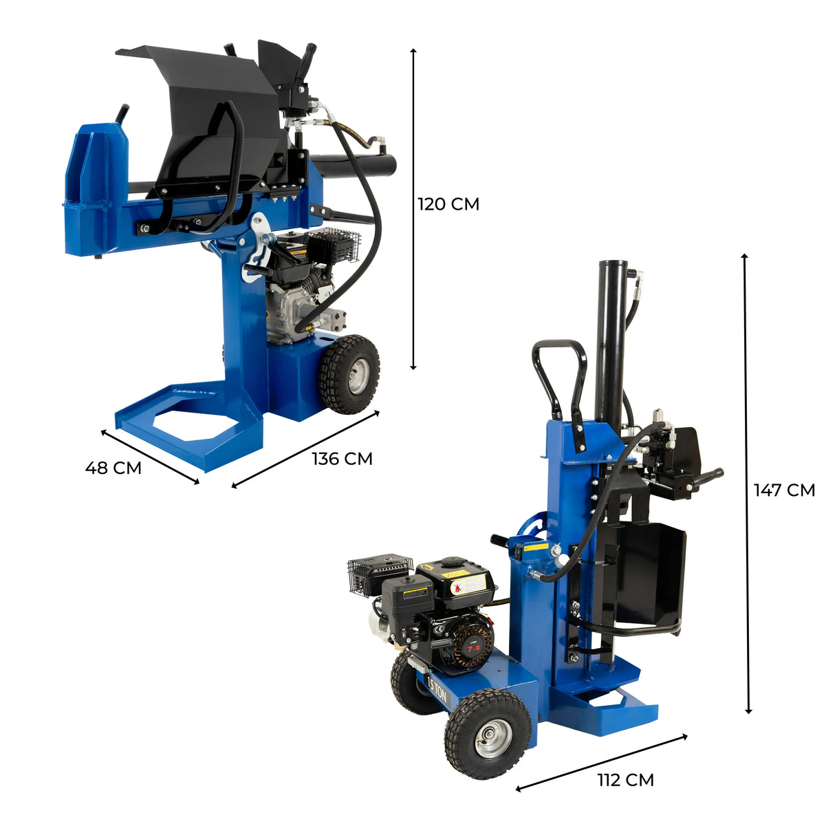 15T Log Splitter in blue with sturdy wheels, adjustable height, and powerful engine, designed for efficient wood splitting