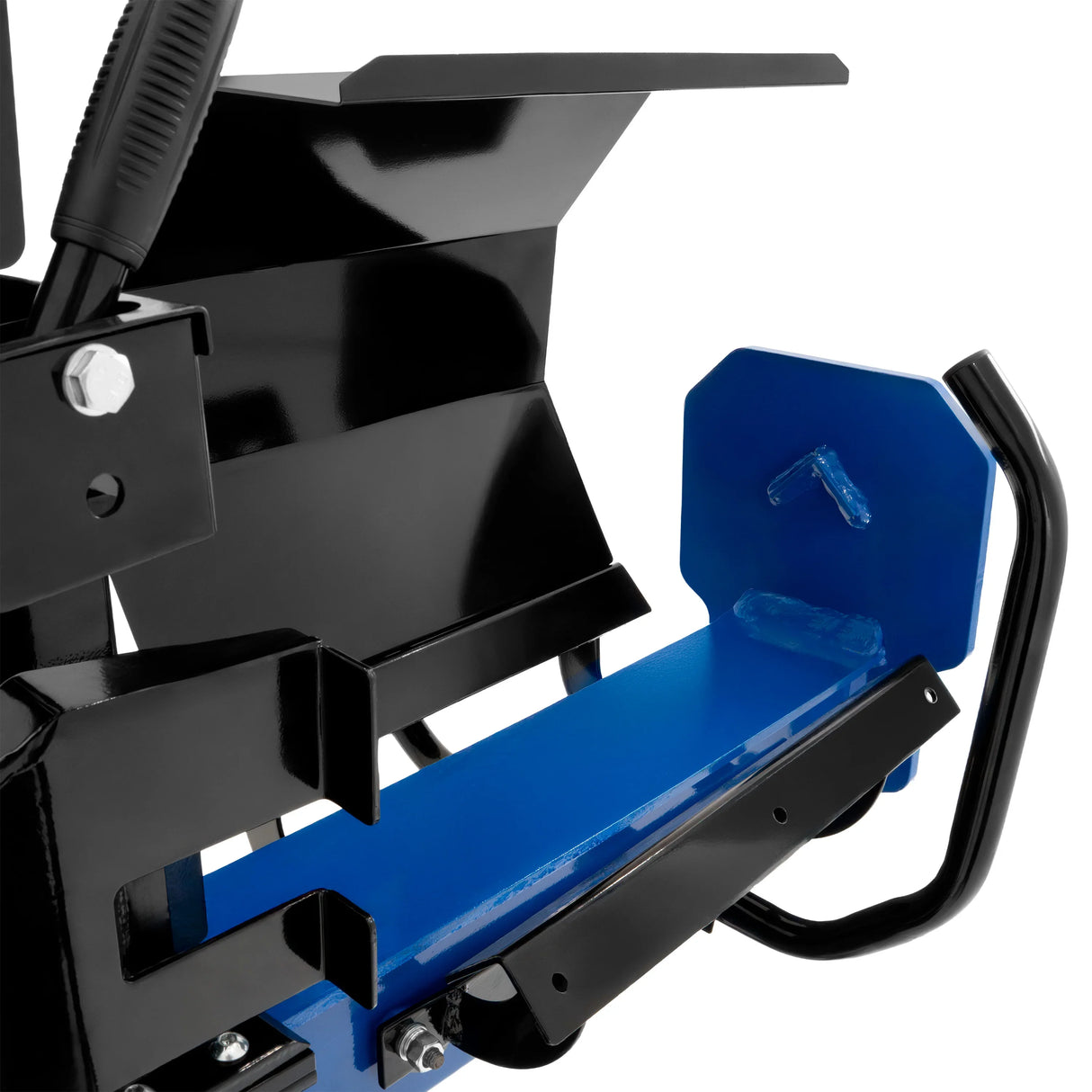 15T Log Splitter close-up showing sturdy black metal frame, blue splitting wedge, and textured grip handle for easy operation