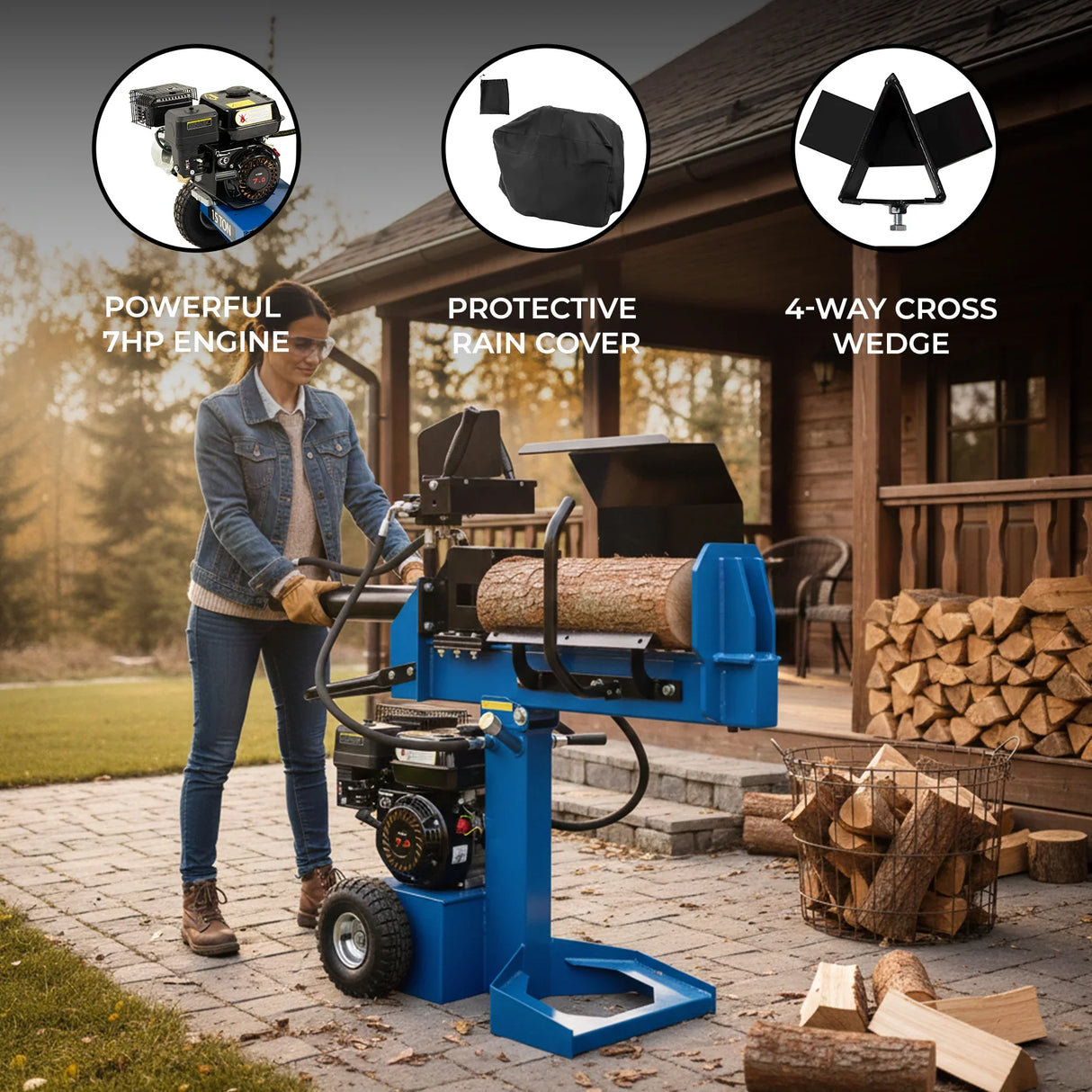 15T log splitter with a powerful 7HP engine, blue frame, protective rain cover, and 4-way cross wedge in a rustic outdoor...