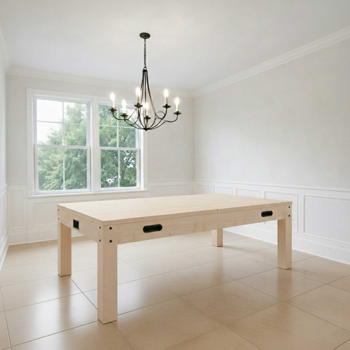 7-in-1 games table in oak finish, featuring a smooth surface and sturdy legs, set in a bright room with large windows and elegant chandelier