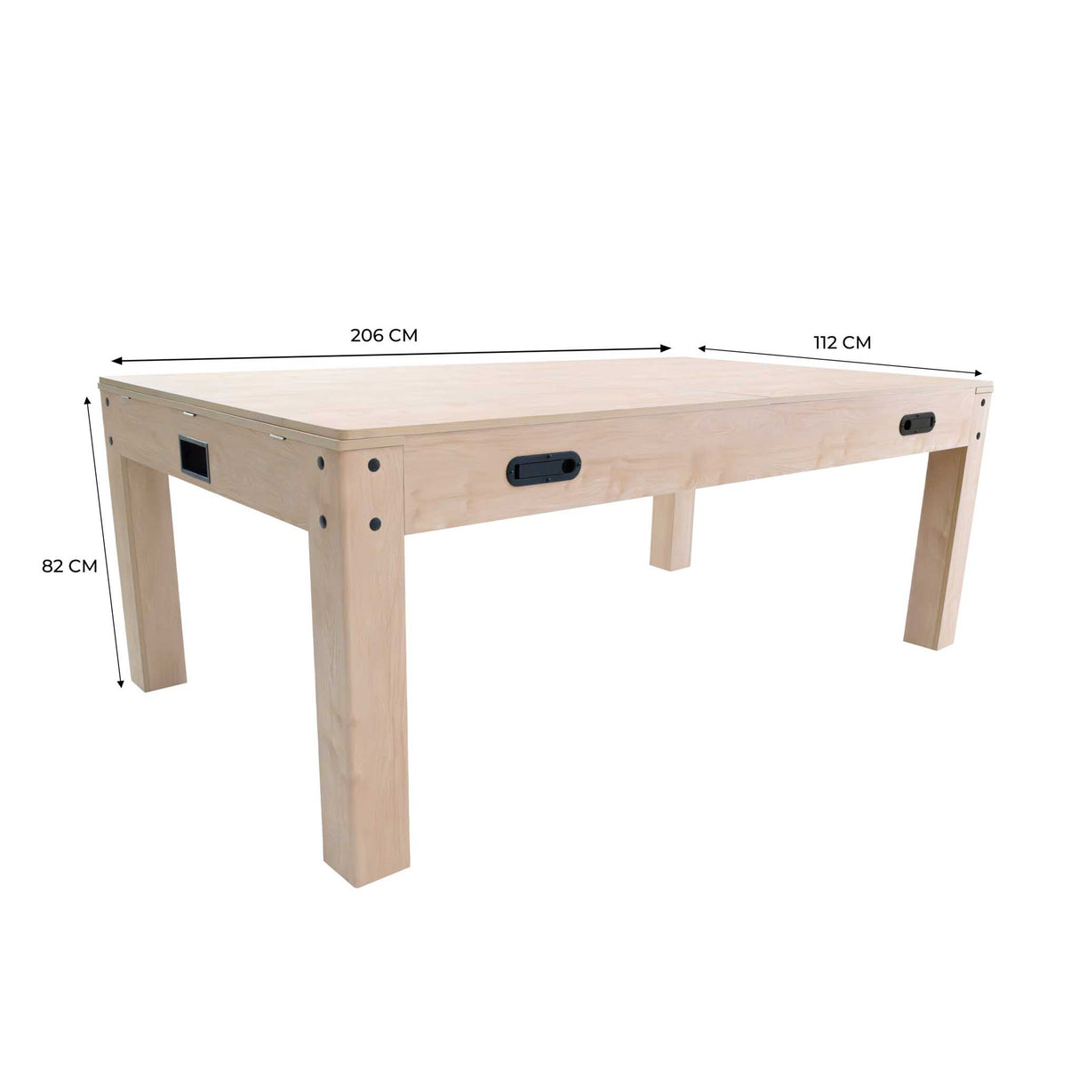 7-in-1 games table in oak finish, featuring a rectangular shape, sturdy legs, and dimensions of 206 cm by 112 cm by 82 cm