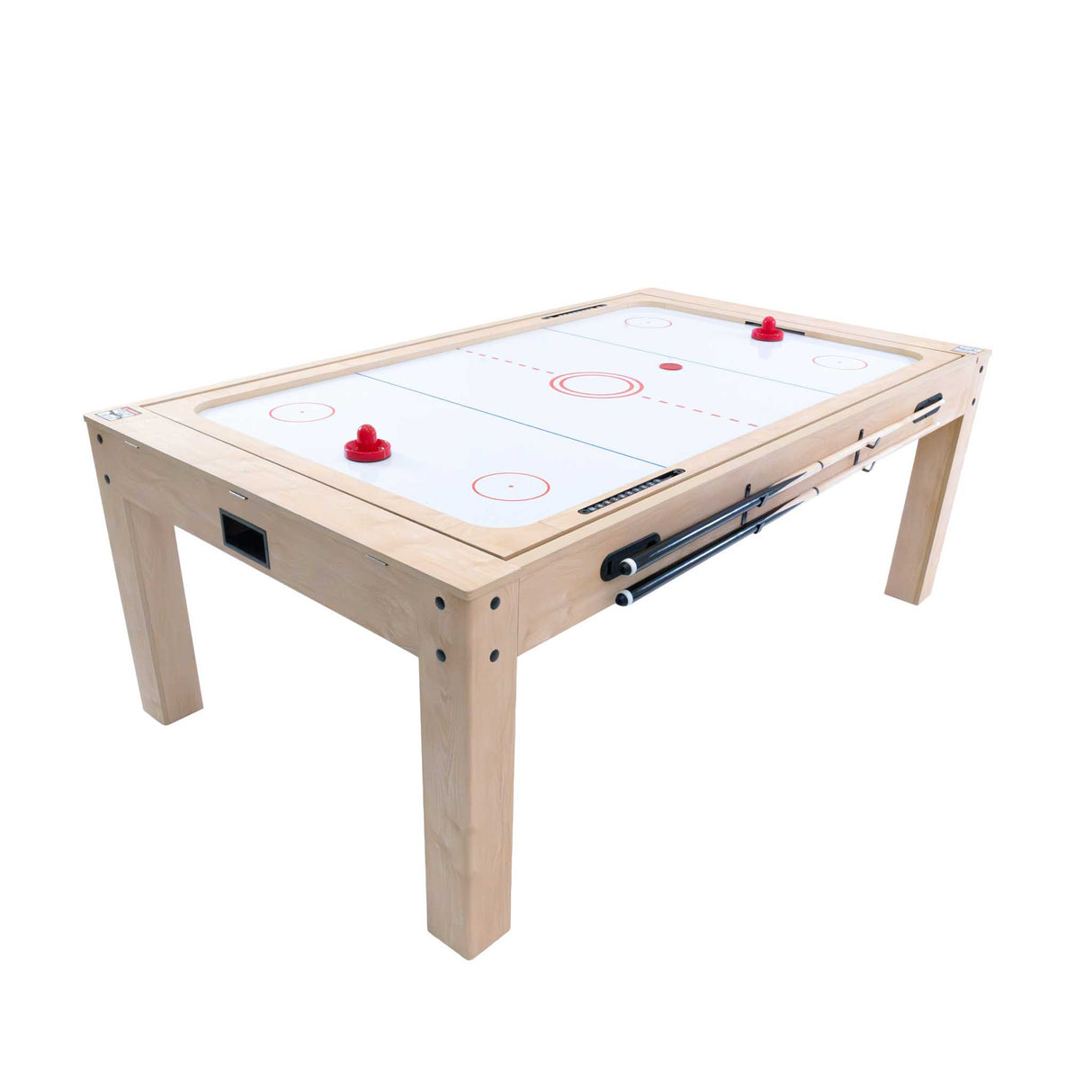 7-in-1 games table in oak finish featuring a smooth surface, red air hockey pucks, and sturdy wooden legs for durability
