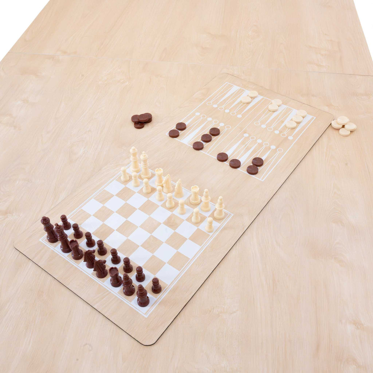 7-in-1 games table in oak finish featuring a chessboard and checkers layout with light and dark pieces, ideal for family fun