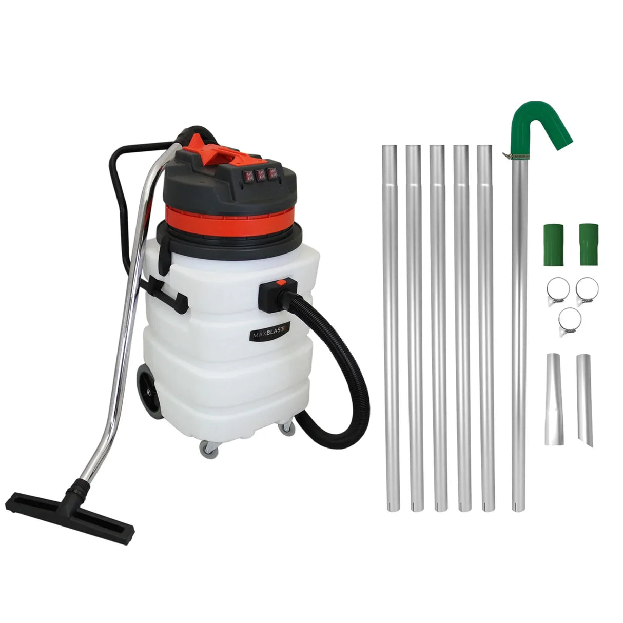 Gutter vacuum poles and 90L wet and dry vacuum with a white tank, red accents, silver poles, and green attachments for versatile cleaning