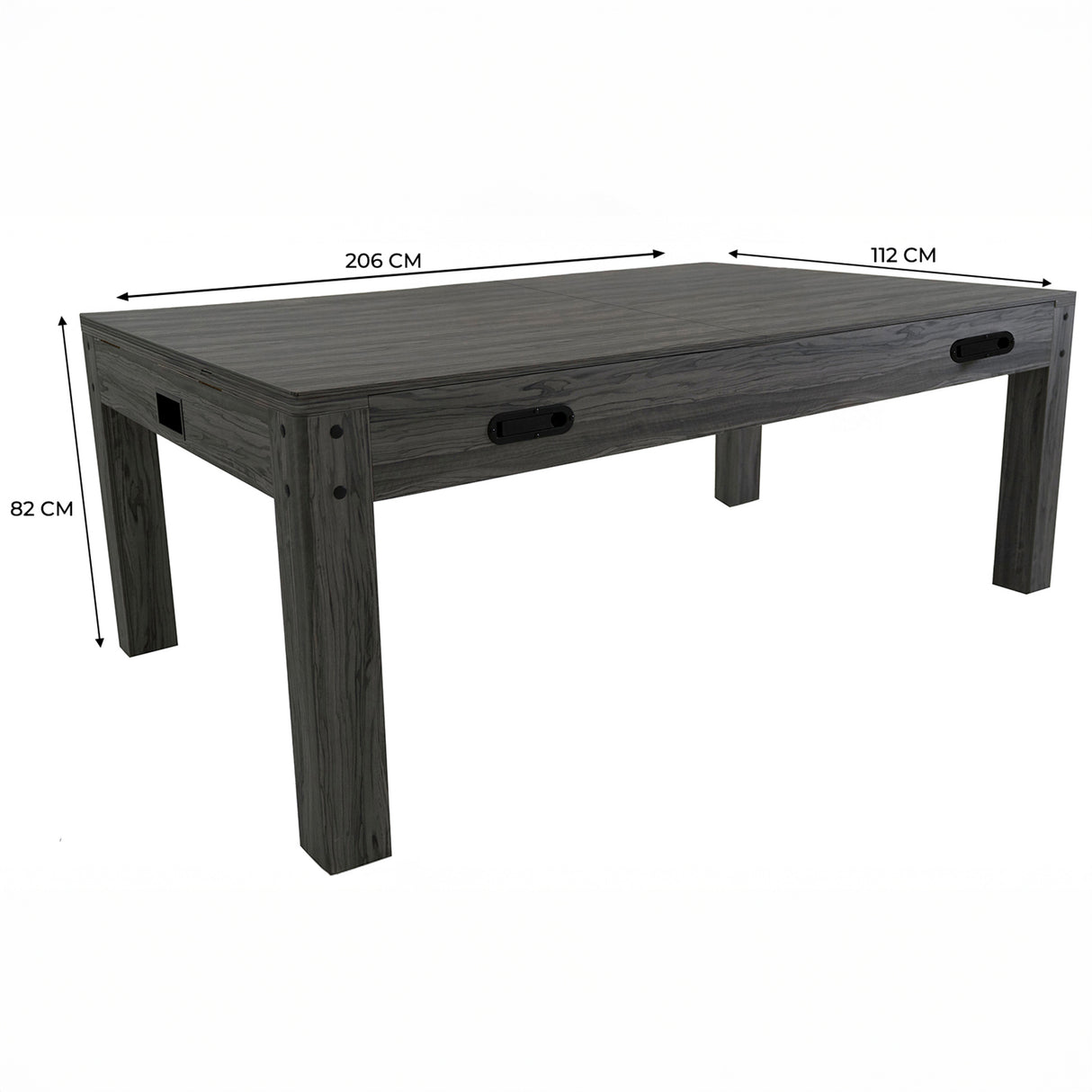 7-in-1 games table in grey, featuring a sleek rectangular design with sturdy legs and dimensions of 206 cm by 112 cm by 82 cm