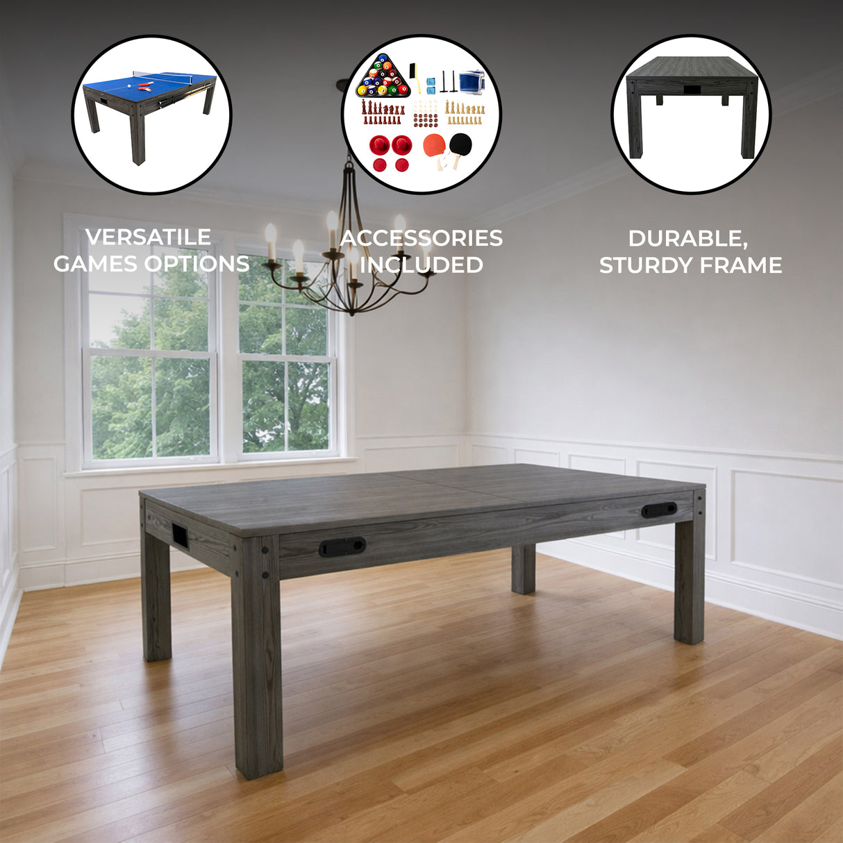 7-in-1 games table in grey, featuring a sturdy frame, versatile game options, and included accessories, set in a bright room