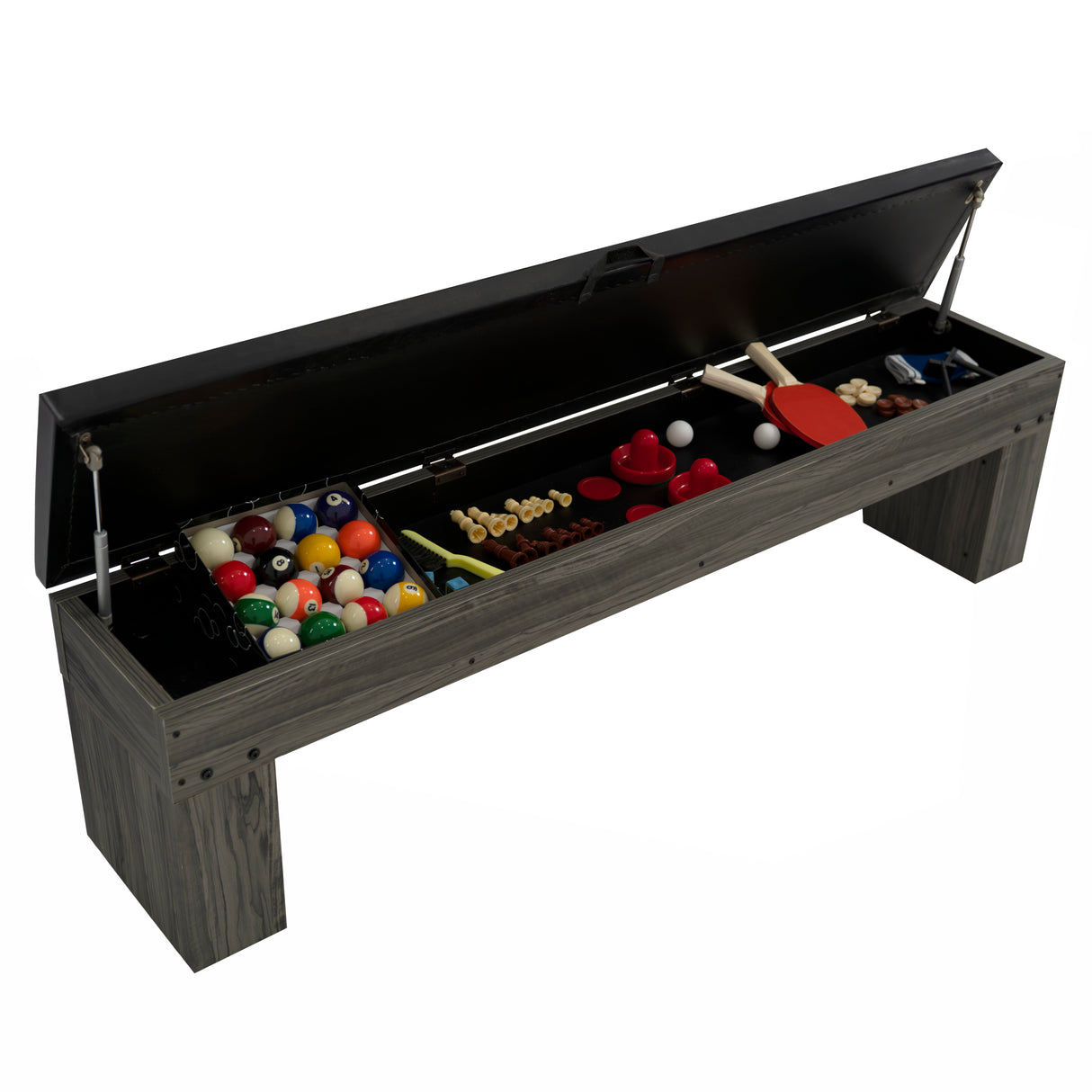 Grey 7-in-1 games table and storage bench with a spacious interior, filled with colorful game pieces and accessories for family fun