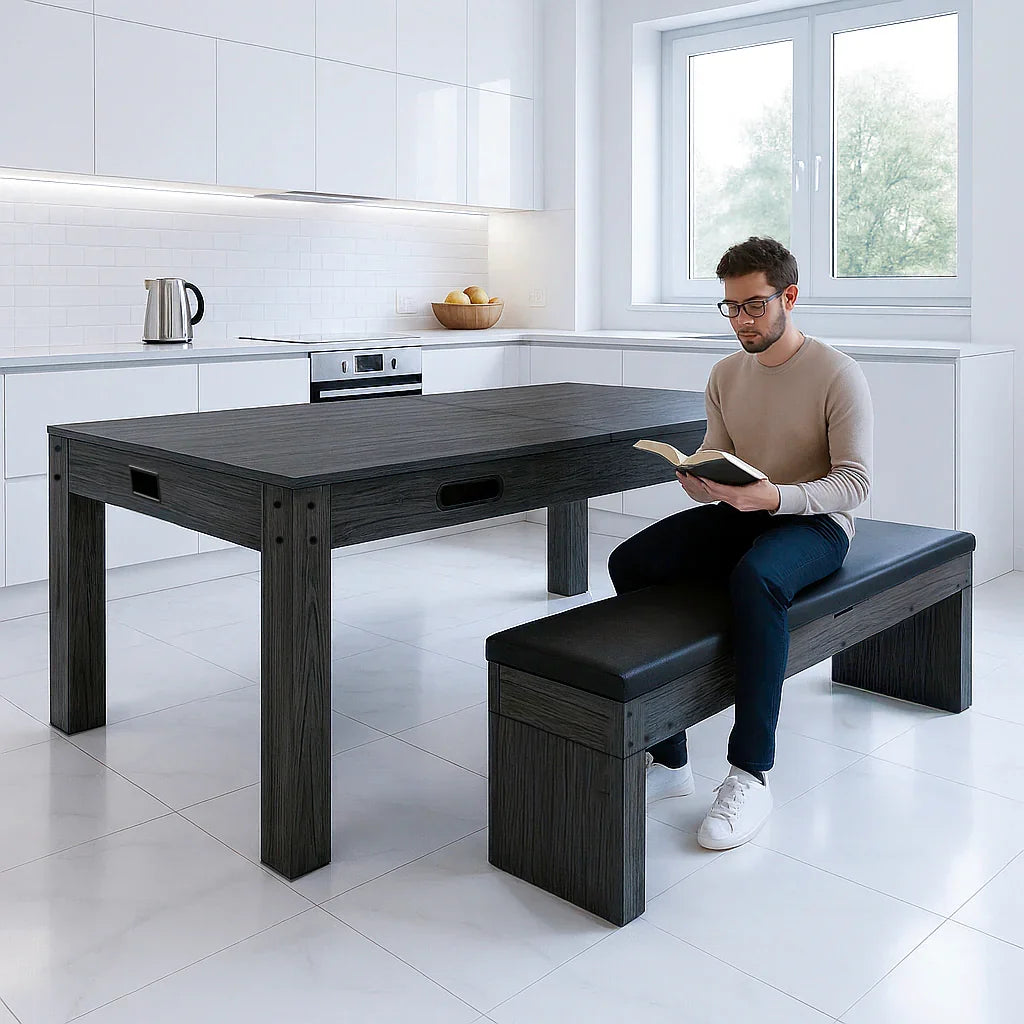 7-in-1 games table and storage bench in grey, featuring a sleek design, sturdy construction, and a comfortable seating area for versatile use