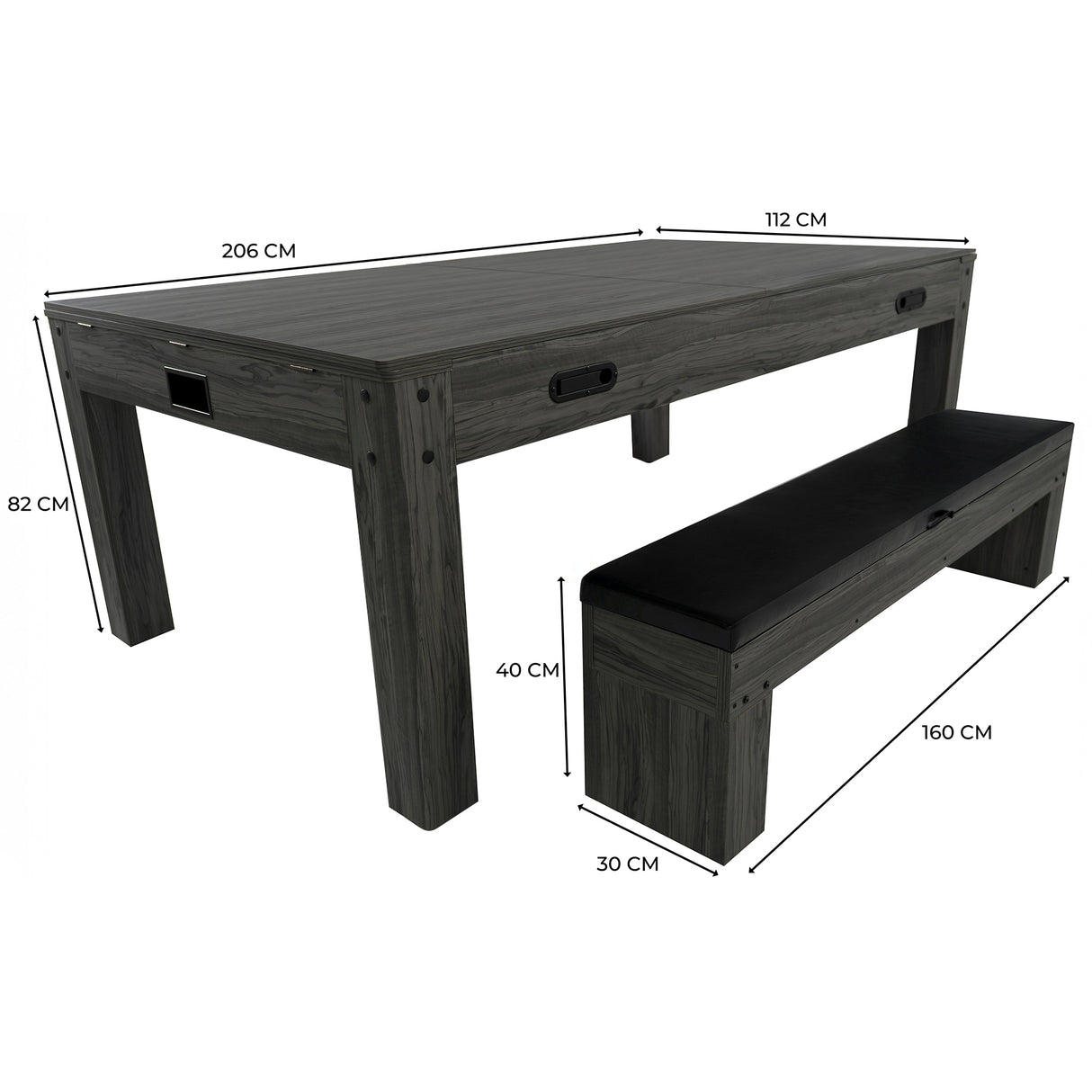 7-in-1 games table and storage bench in grey, featuring a sleek design, sturdy legs, and a comfortable black cushioned seat
