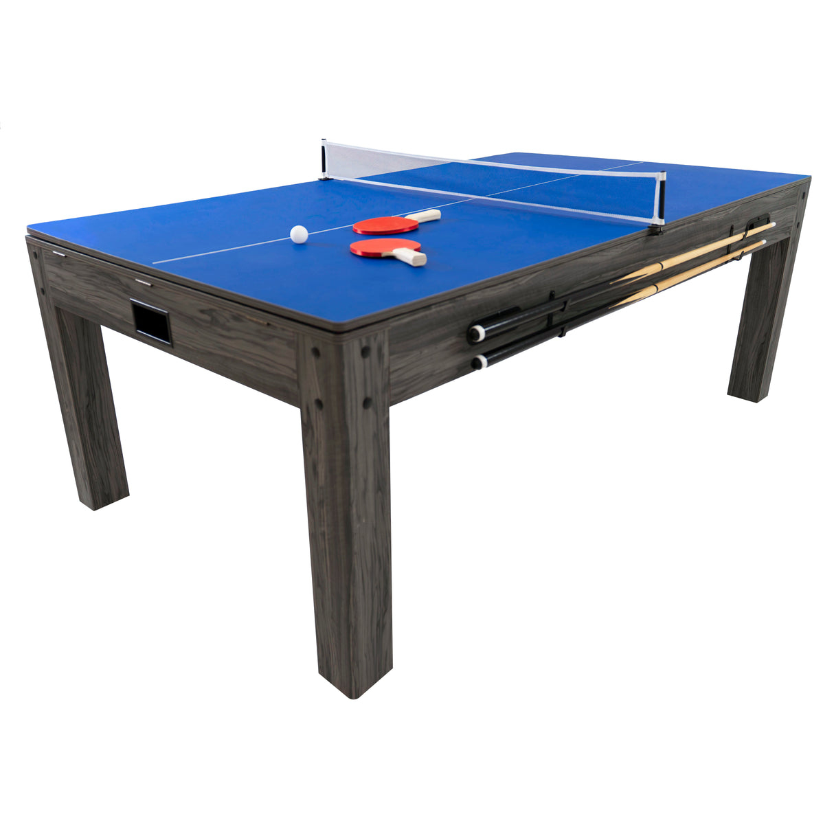 7-in-1 games table with a blue playing surface, grey wood finish, and storage for paddles and balls, perfect for family fun