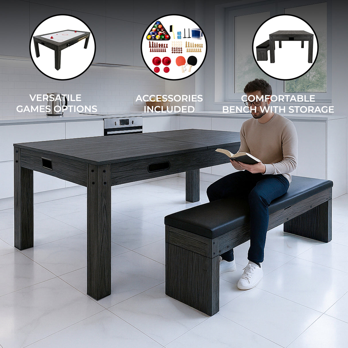 7-in-1 games table and storage bench in grey, featuring a sleek design, versatile gaming options, and a comfortable, spacious bench for seating and storage