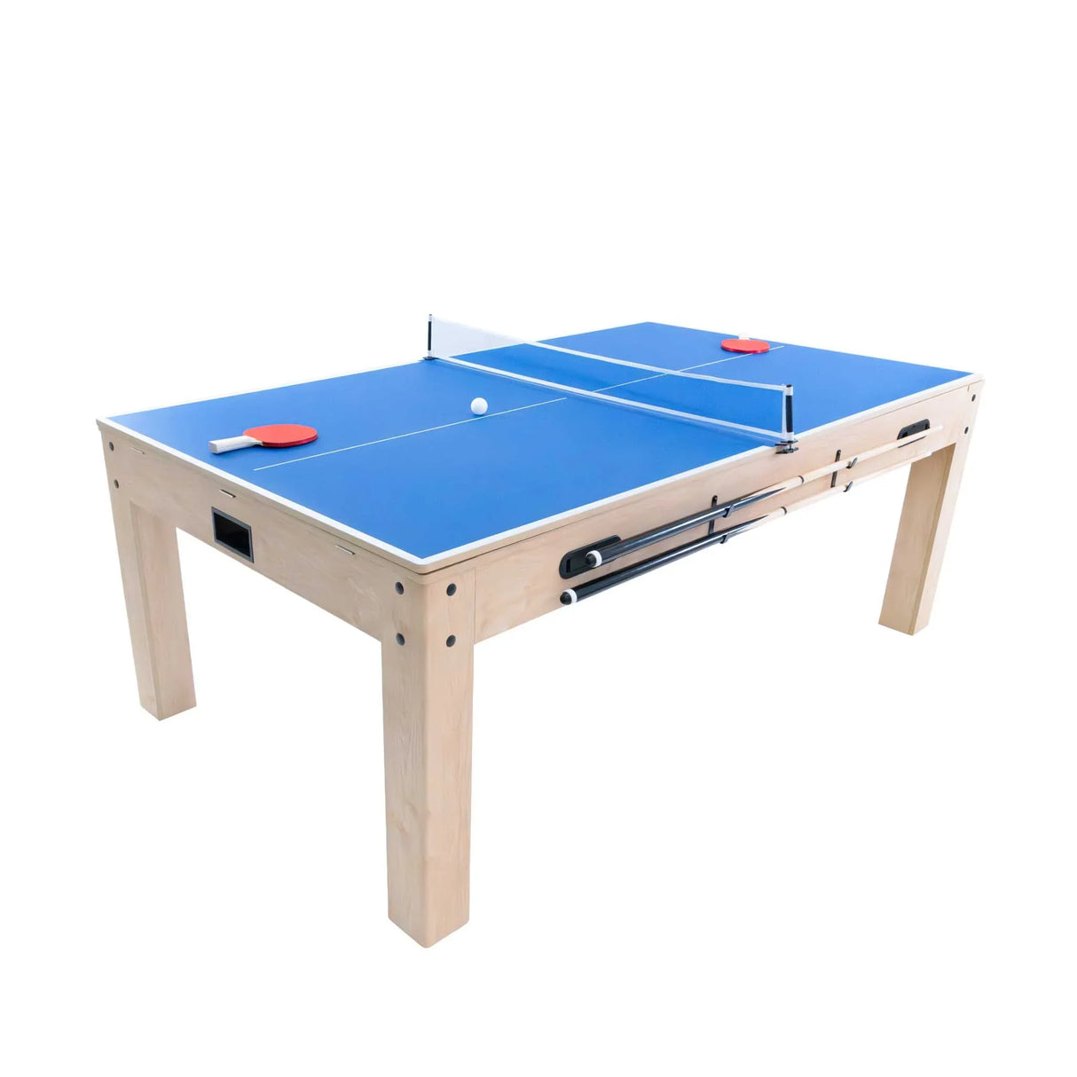 7-in-1 games table with a blue playing surface, wooden frame, and storage benches, perfect for family game nights and entertainment