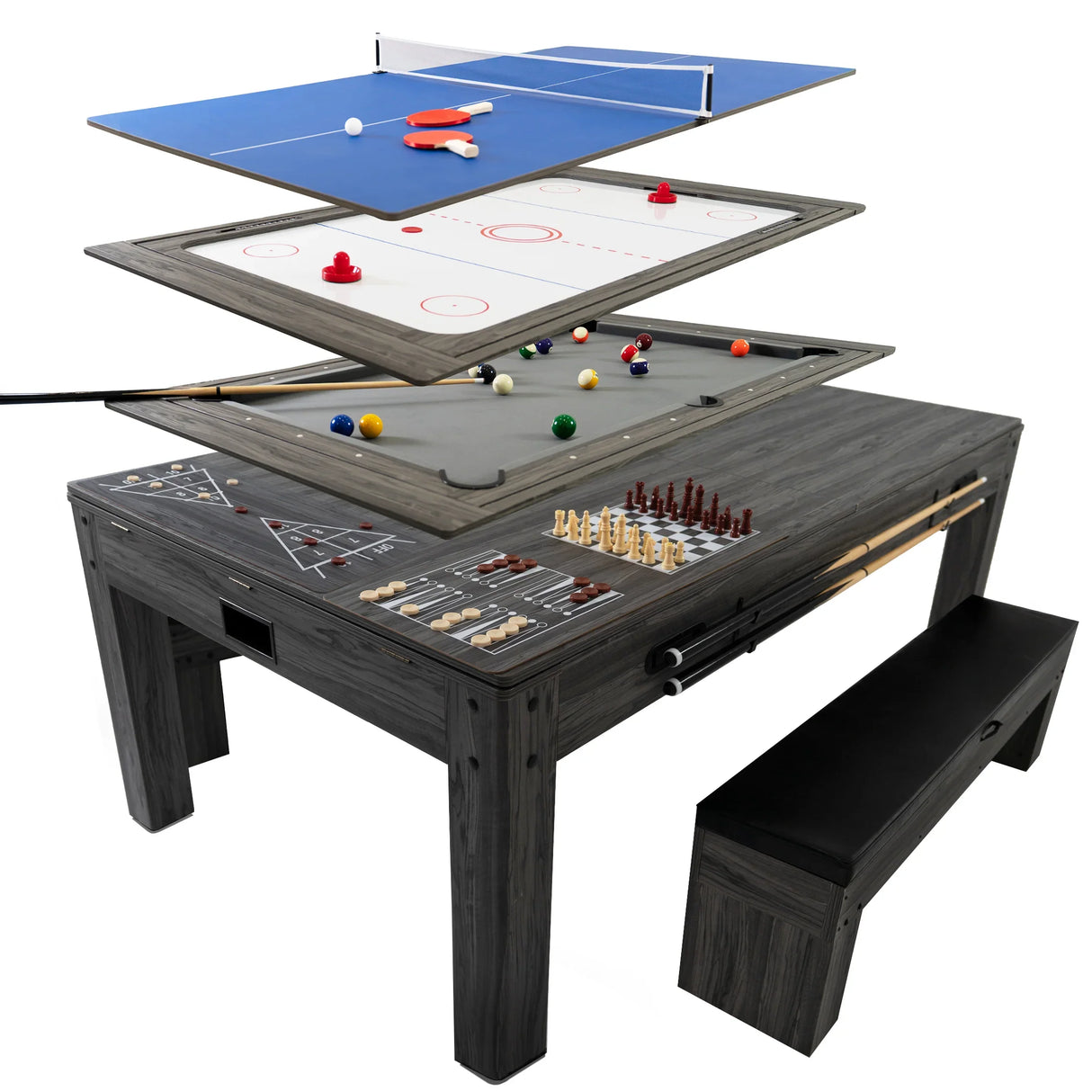 7-in-1 games table in grey with layered game surfaces, featuring pool, air hockey, and table tennis, includes two storage benches