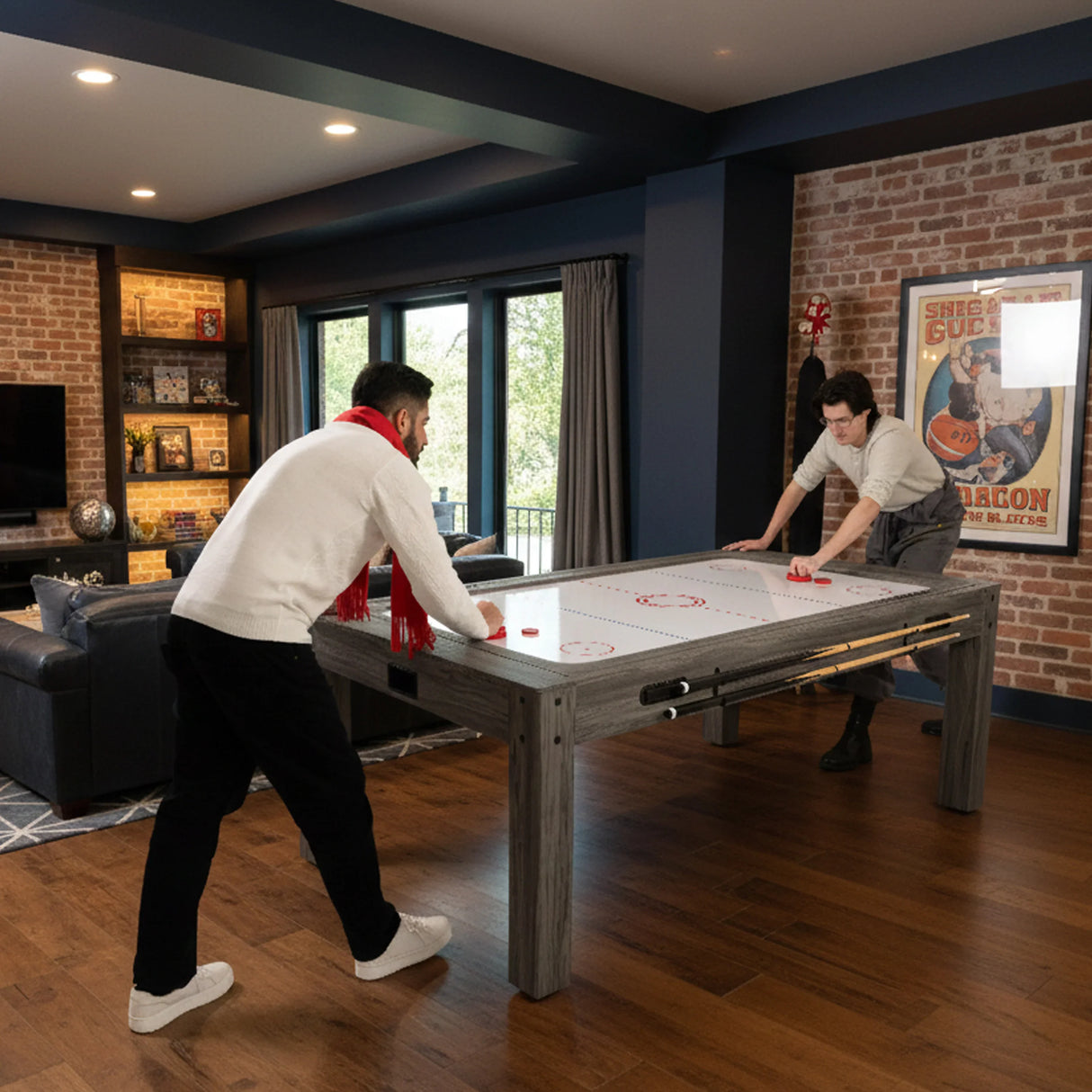 Grey 7-in-1 games table with two storage benches, featuring a smooth surface and players engaged in a game, set in a cozy room
