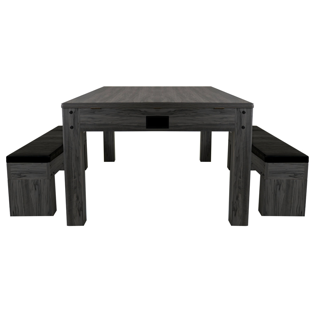 7-in-1 games table in grey with two matching storage benches, featuring a sleek design and textured wood finish for durability