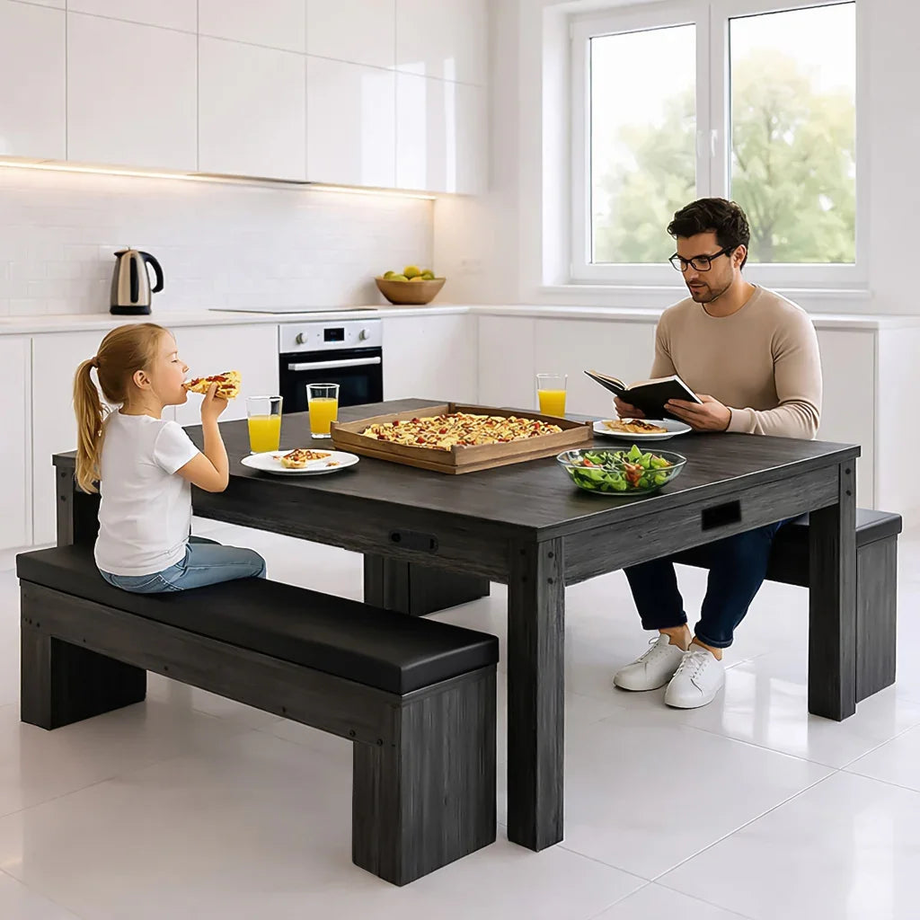 Grey 7-in-1 games table with two storage benches, featuring a modern design, sleek finish, and family enjoying a meal together