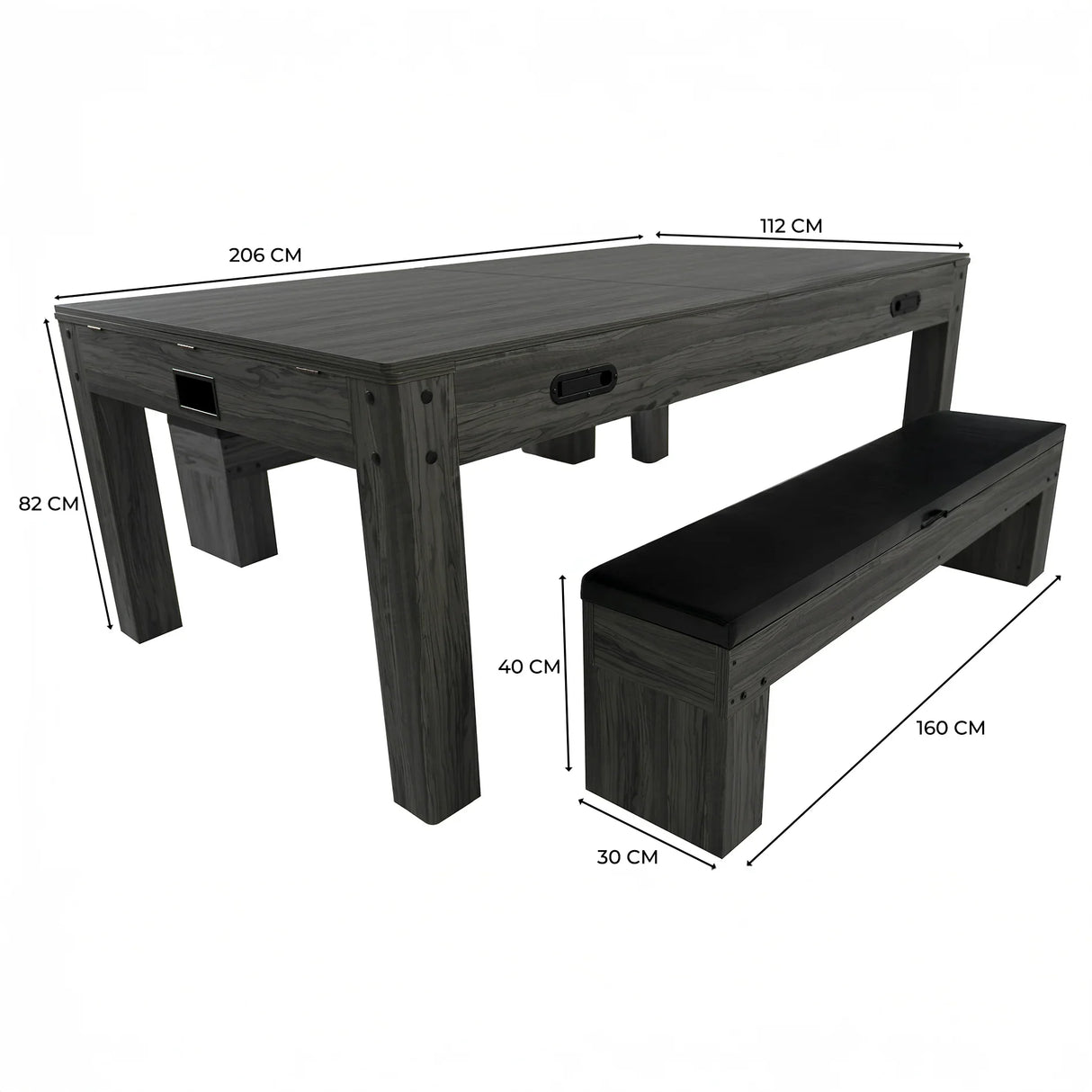 7-in-1 games table in grey wood finish with two matching storage benches, featuring sleek lines and ample dimensions for versatile play