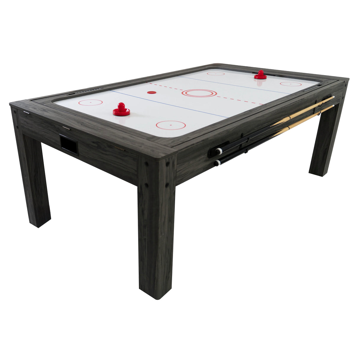 7-in-1 games table in grey with a smooth surface, featuring air hockey design, red pucks, and built-in storage for accessories