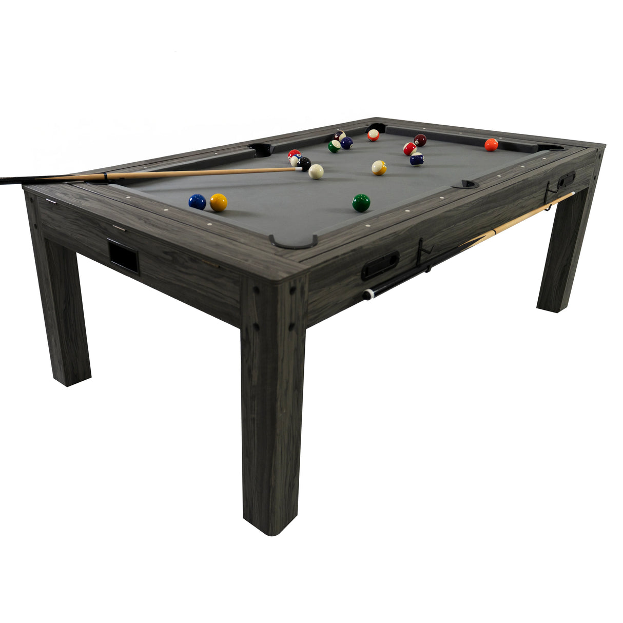 7-in-1 games table in grey wood finish with felt surface, featuring billiard balls and cues, ideal for versatile gaming and storage
