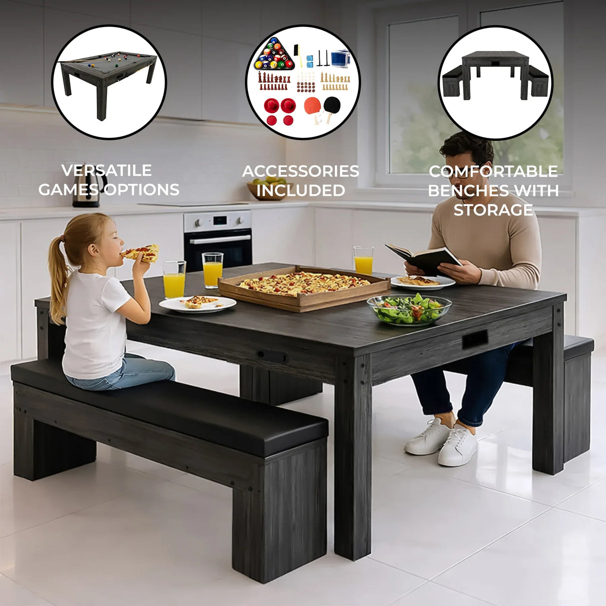 7-in-1 games table in grey with two storage benches, featuring kids playing games, snacks, and accessories for versatile fun