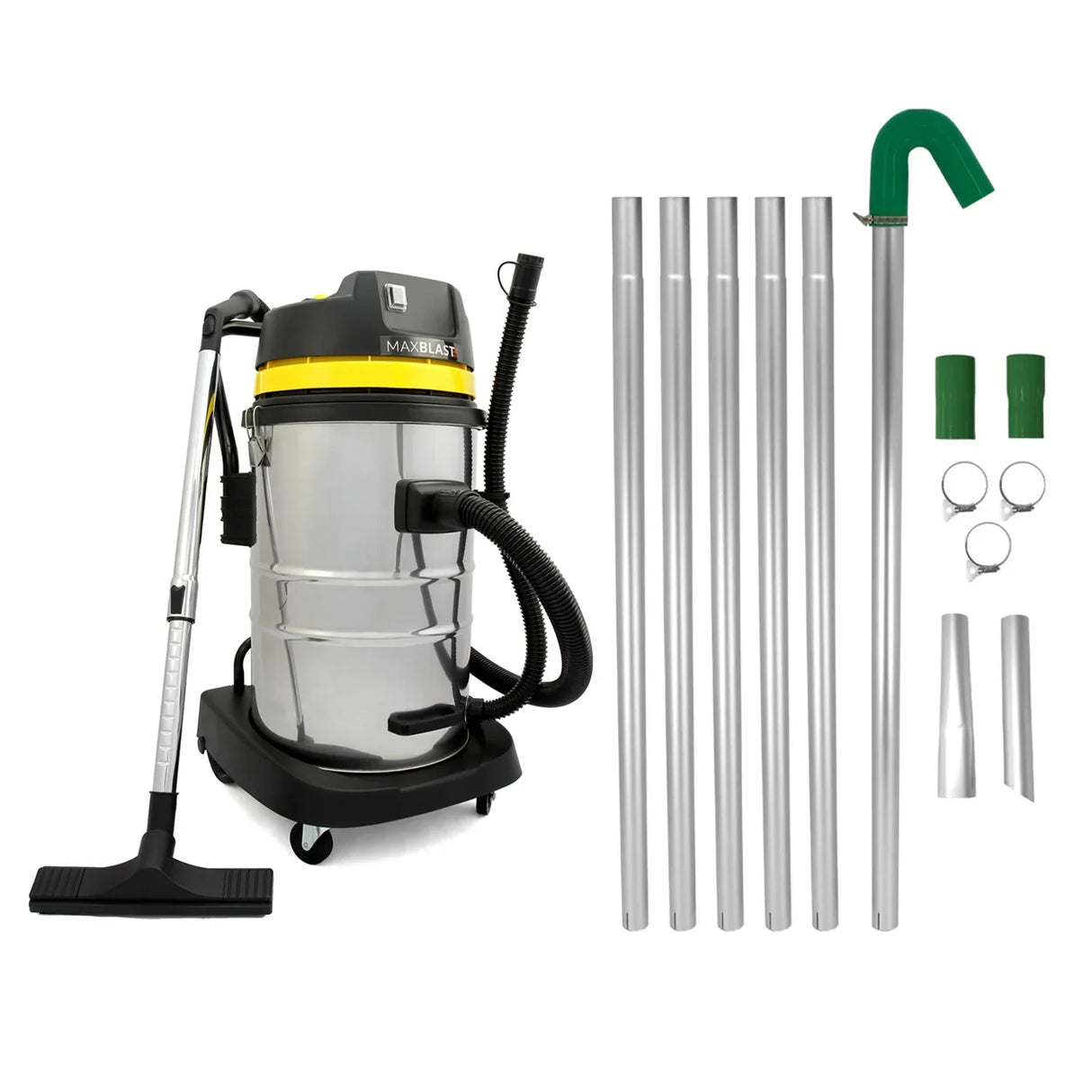 Gutter vacuum poles and a 60L wet and dry vacuum, featuring a stainless steel body, flexible hose, and various attachments for versatile cleaning