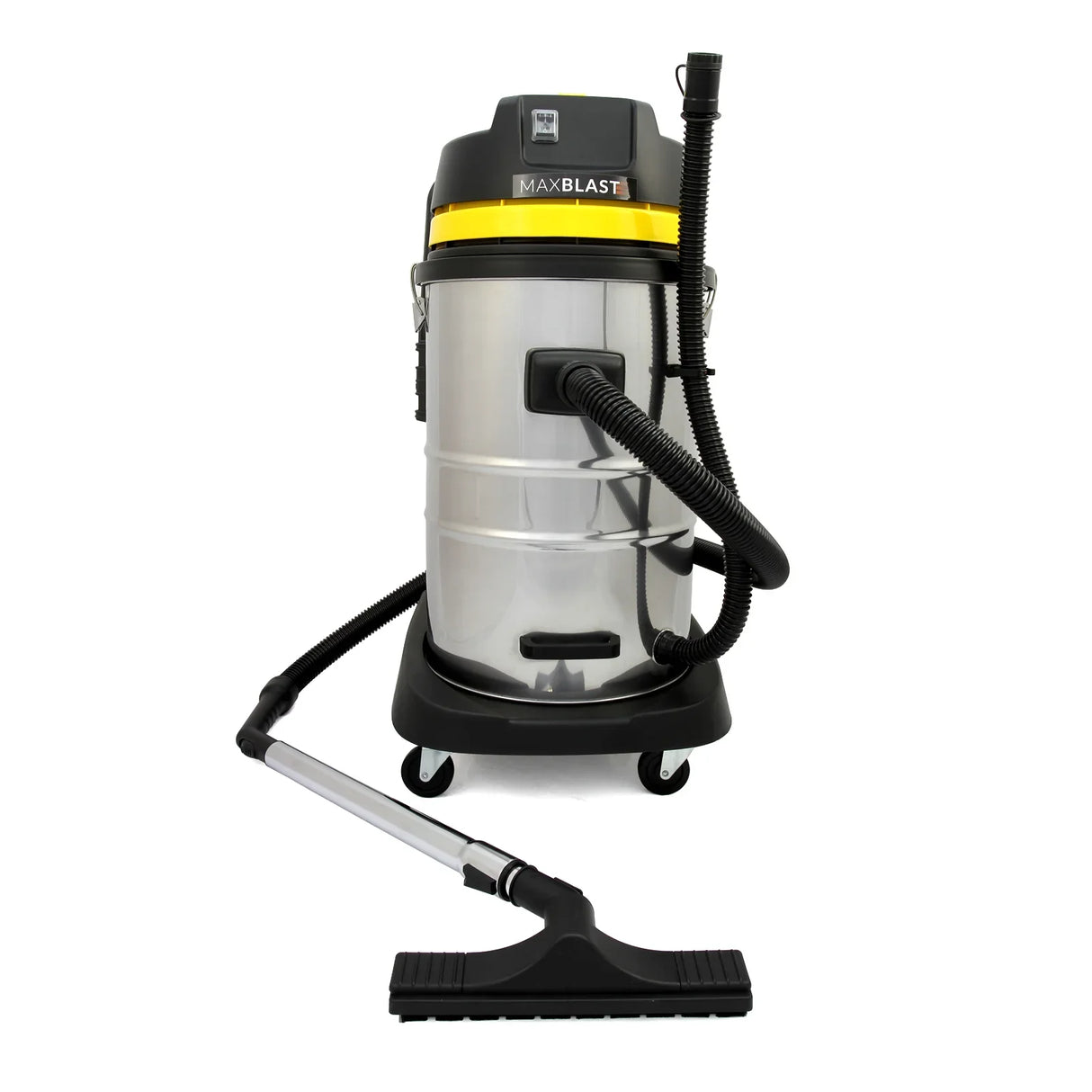 Stainless steel 60L wet and dry vacuum with a black hose and attachment, designed for efficient gutter cleaning and debris removal