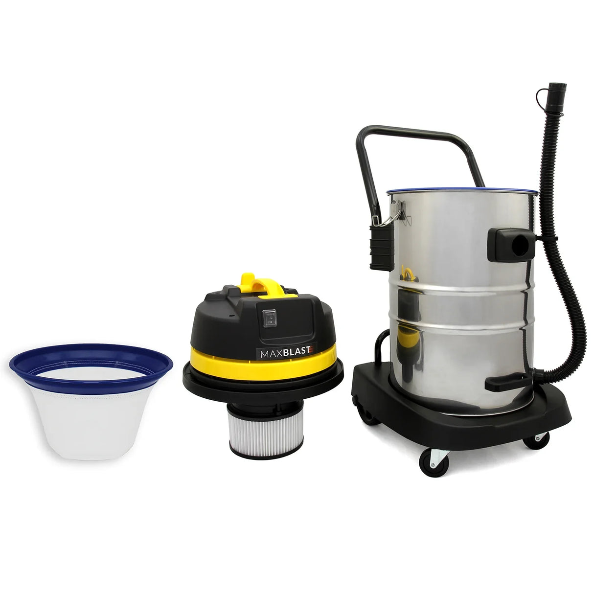 Gutter vacuum poles and a 60L wet and dry vacuum with a stainless steel body, yellow and black motor, and flexible hose attachment
