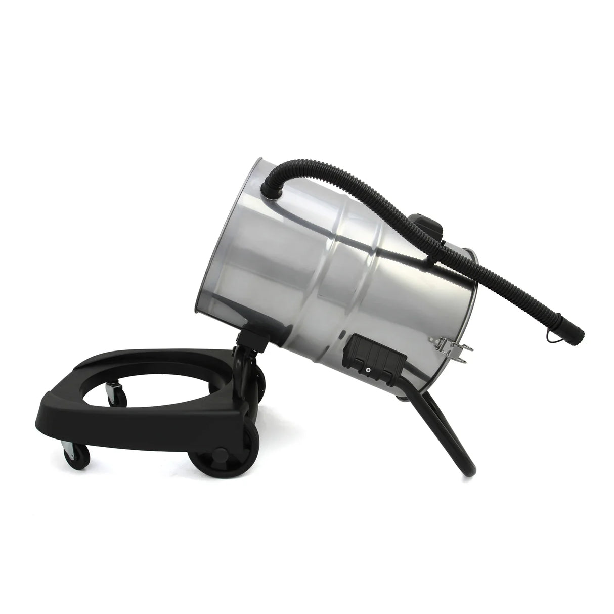 Stainless steel wet and dry vacuum with a black wheeled base, angled for easy access, featuring a flexible hose attachment