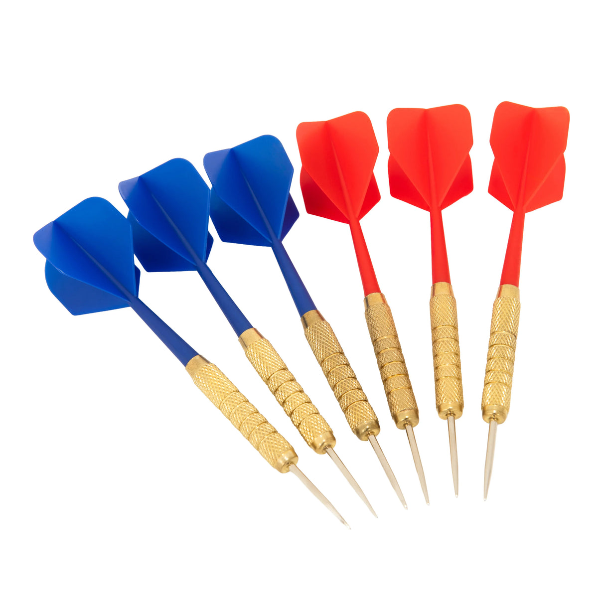 Dart board set featuring six darts with blue and red flights, textured gold barrels, and sharp steel tips for precision play