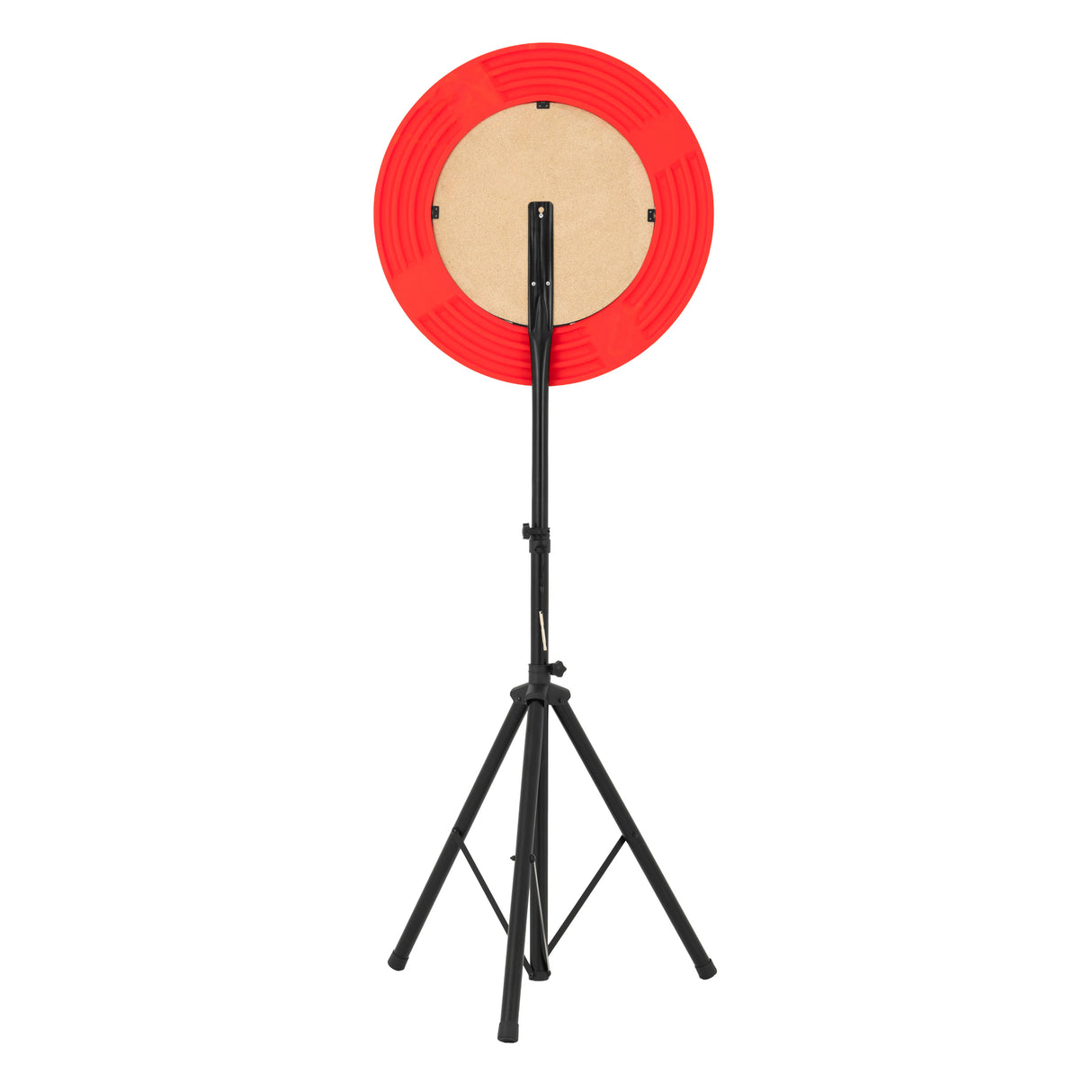 Portable dart board set featuring a sturdy black tripod stand, vibrant red outer ring, and a smooth, natural cork center for accurate throws