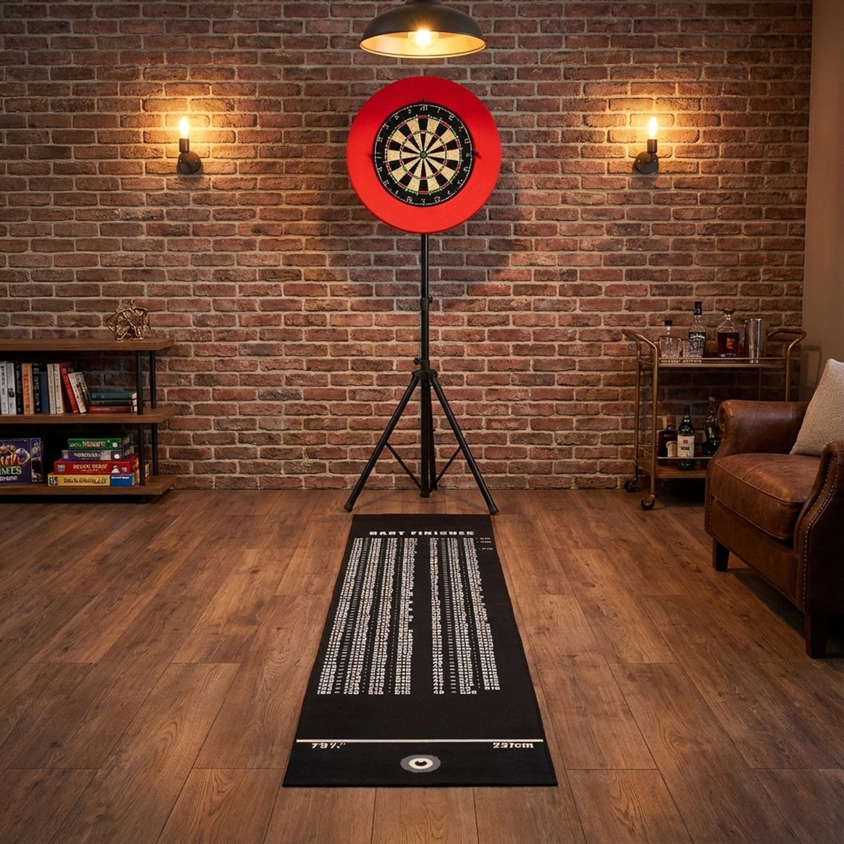Dart board set featuring a vibrant red board mounted on a stand, with a black throw mat displaying scoring zones in a stylish game room setting