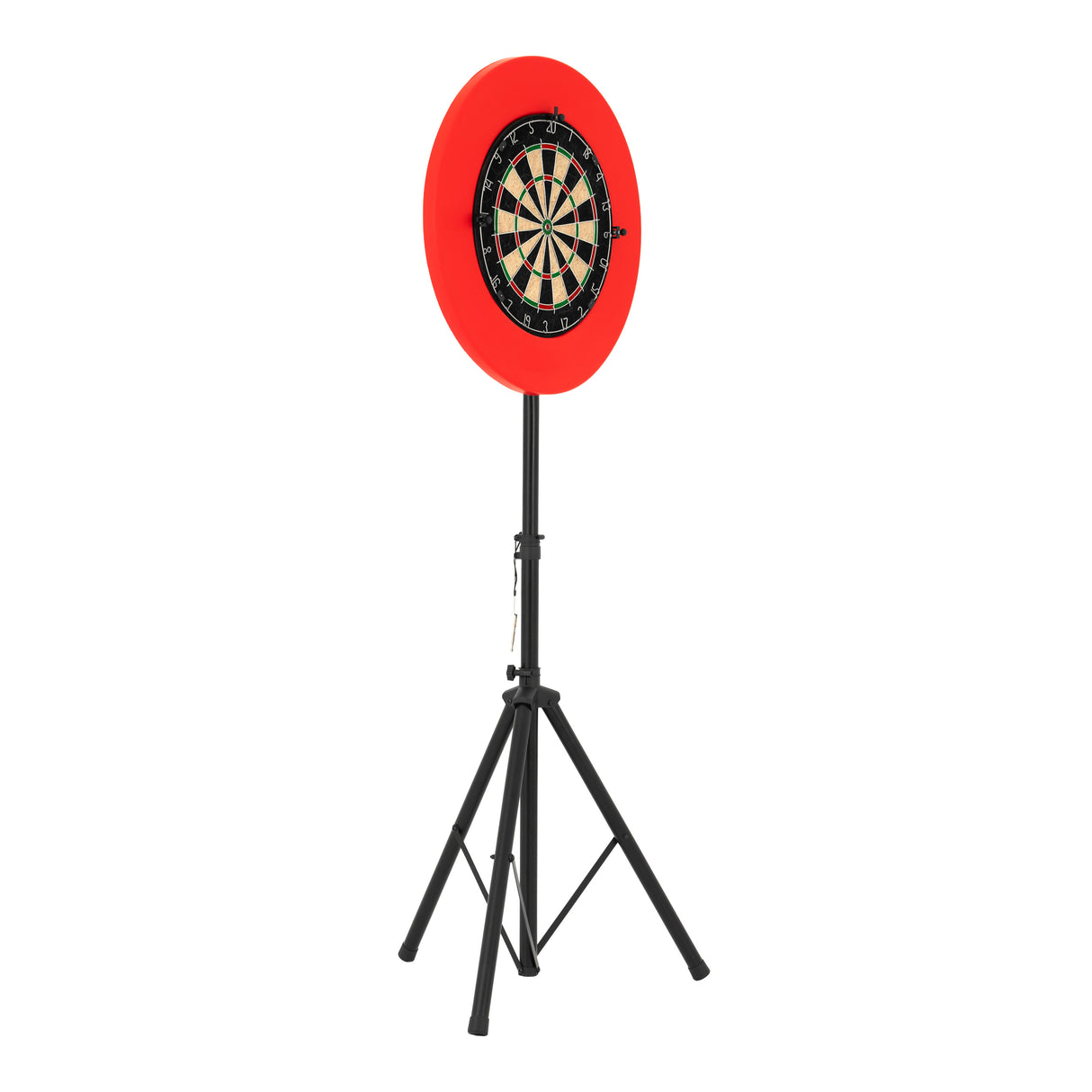 Dart board set featuring a vibrant red surround, mounted on a sturdy black tripod stand, ideal for indoor or outdoor play