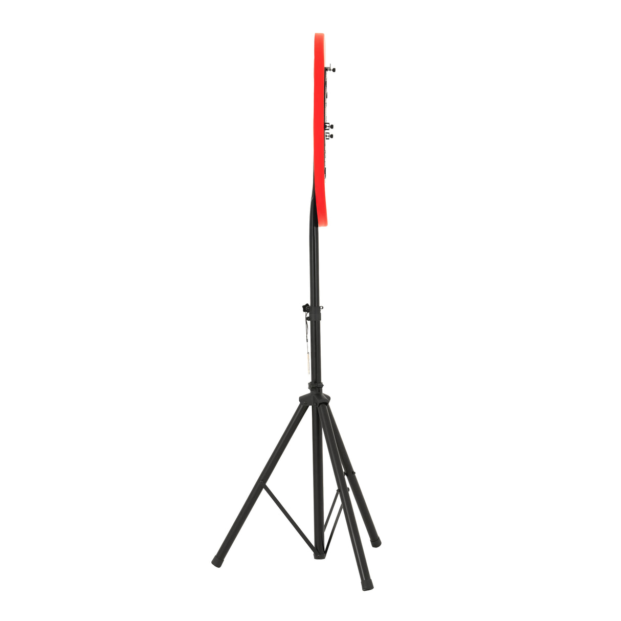 Dart board set featuring a vibrant red board mounted on a sturdy black tripod stand, ideal for indoor and outdoor play