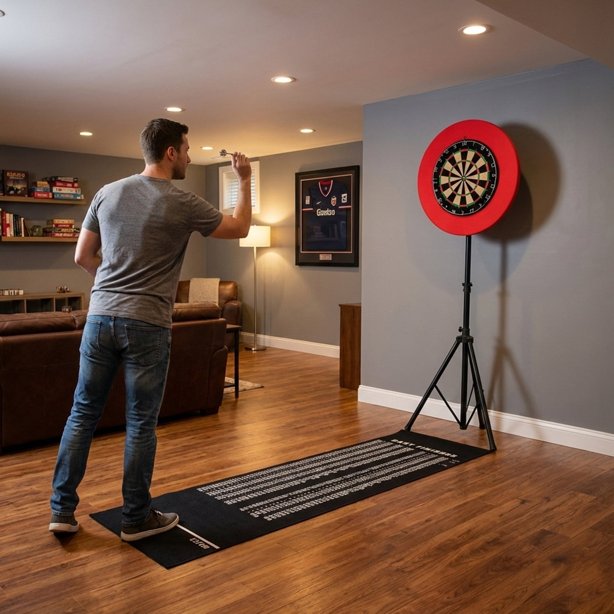 A player throws a dart at a vibrant red dart board mounted on a stand in a cozy, well-lit game room with wooden floors