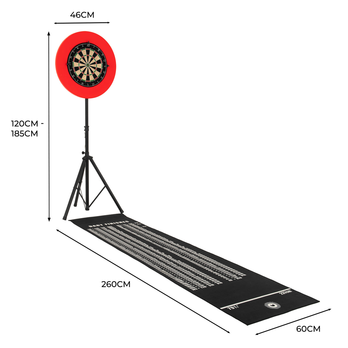 Dart board set featuring a vibrant red surround, adjustable stand, and a black mat with scoring guidelines for accurate play