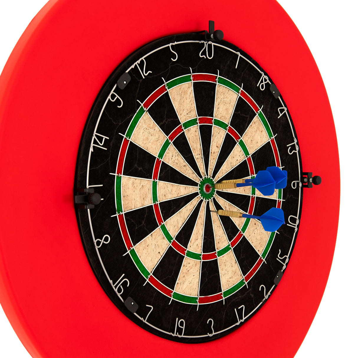 Dart board set featuring a classic black and green target with red accents, two blue darts embedded in the bullseye, and a vibrant red backing