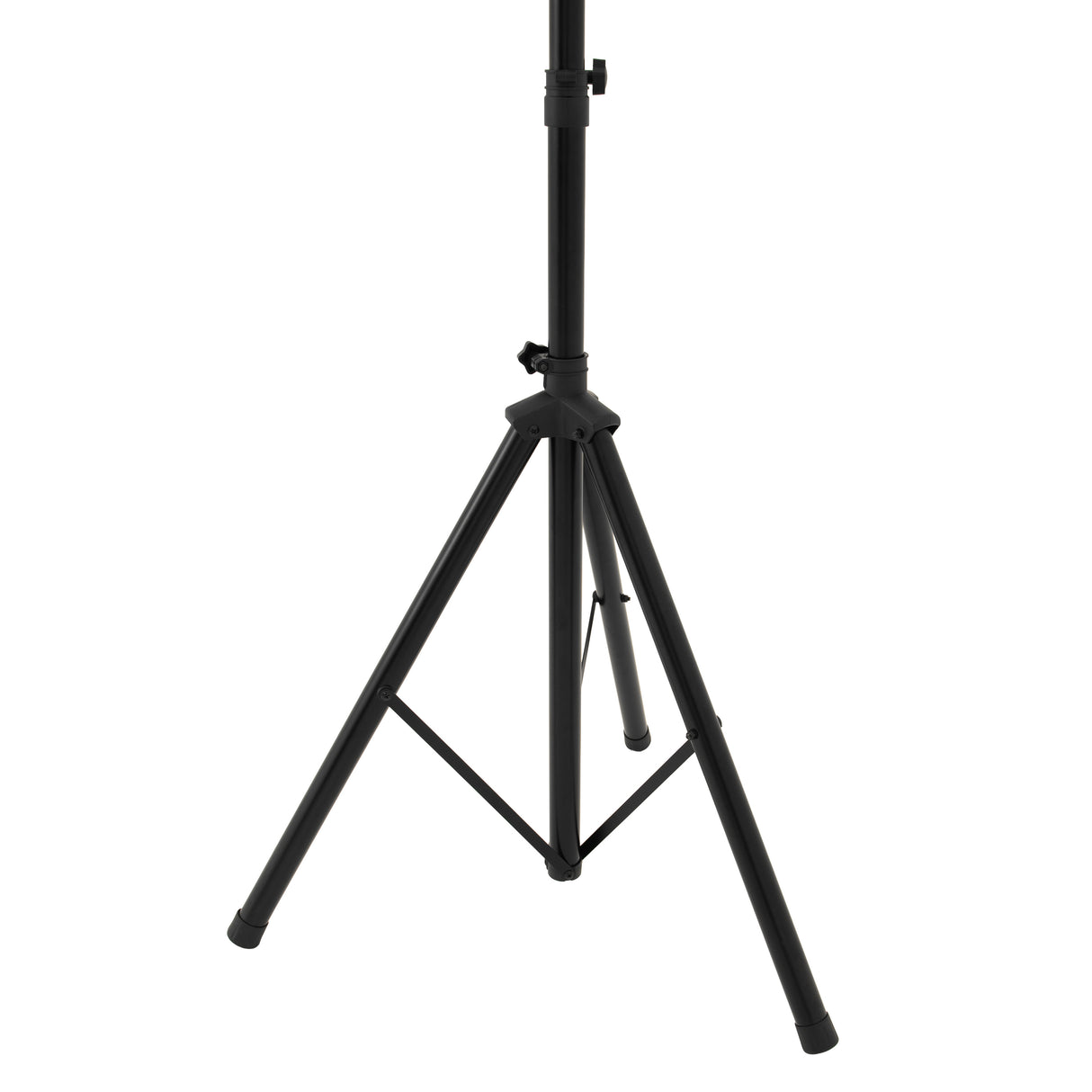 Black tripod stand with adjustable height, featuring sturdy legs and a secure locking mechanism for stability and support