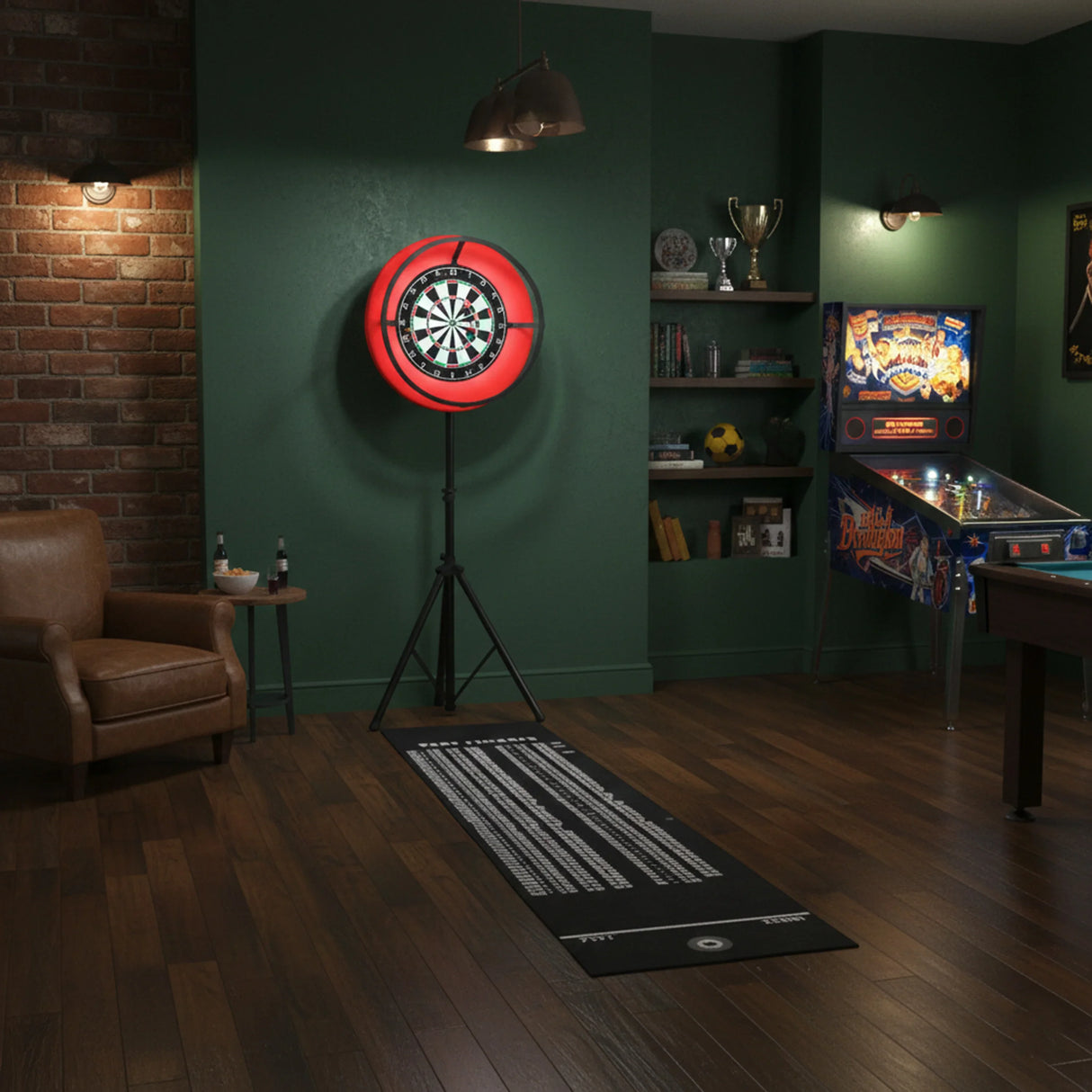 Dart board set with LED surround in a cozy game room, featuring a red illuminated ring, dark wood floor, and vintage decor