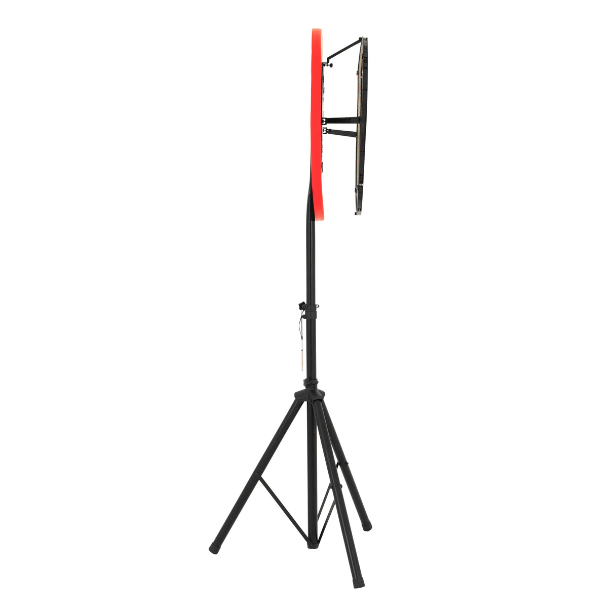 Dart board set with LED surround, featuring a sleek black stand and vibrant red accents, designed for easy setup and visibility