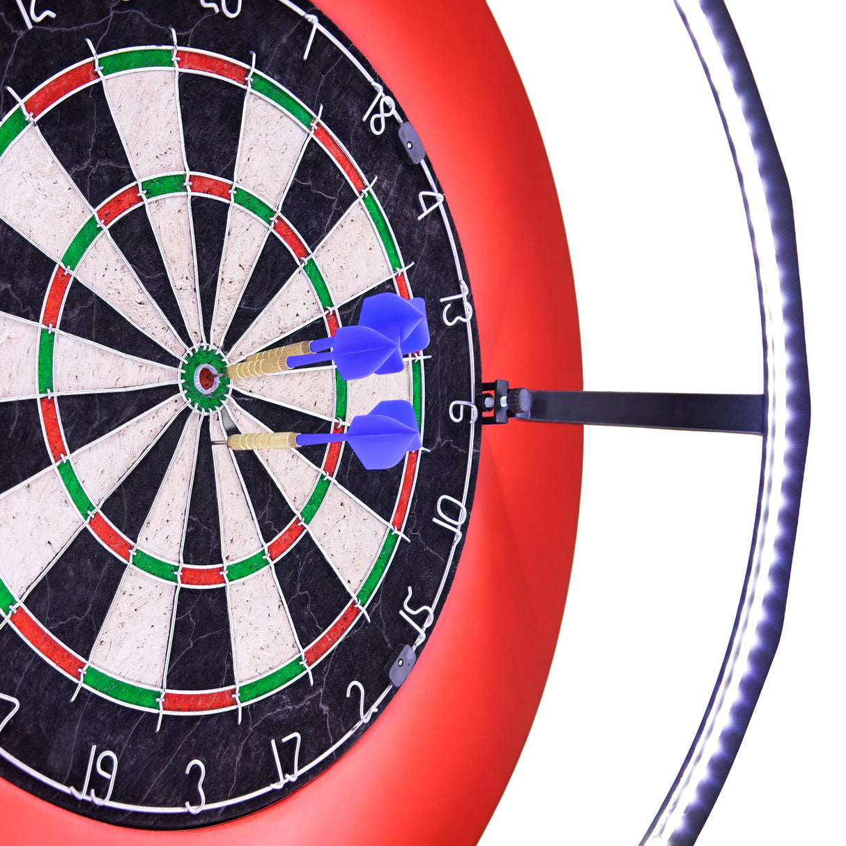 Dart board set featuring a classic black and white target with vibrant red LED surround and three blue darts embedded in the bullseye