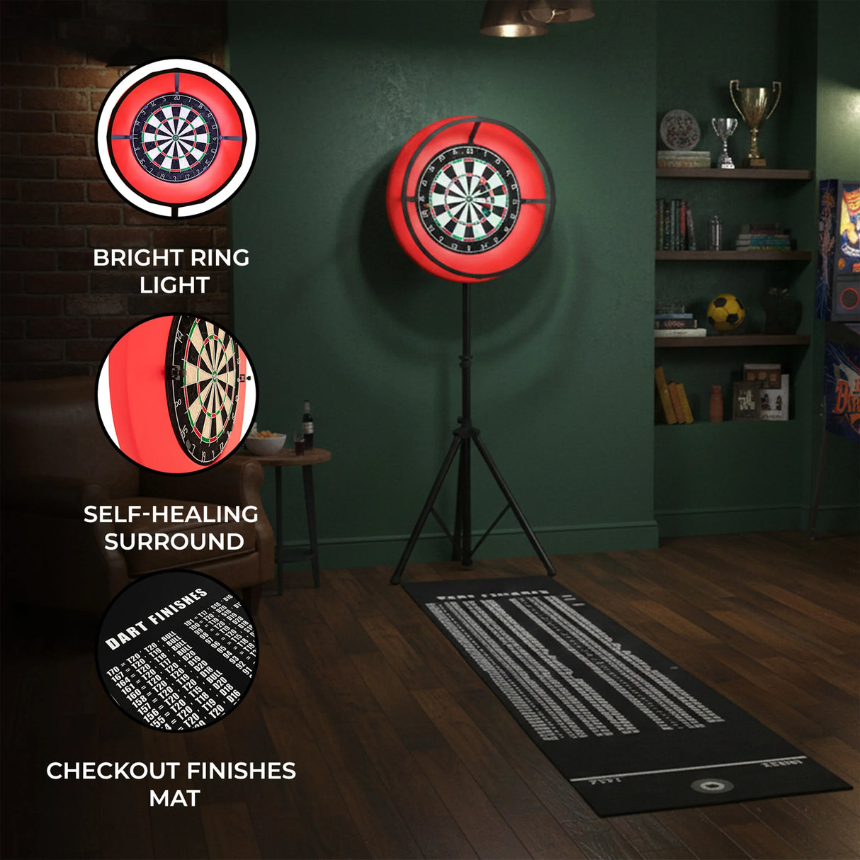 Dart board set featuring a vibrant red LED surround, self-healing target, and a stylish checkout finishes mat on a wooden floor