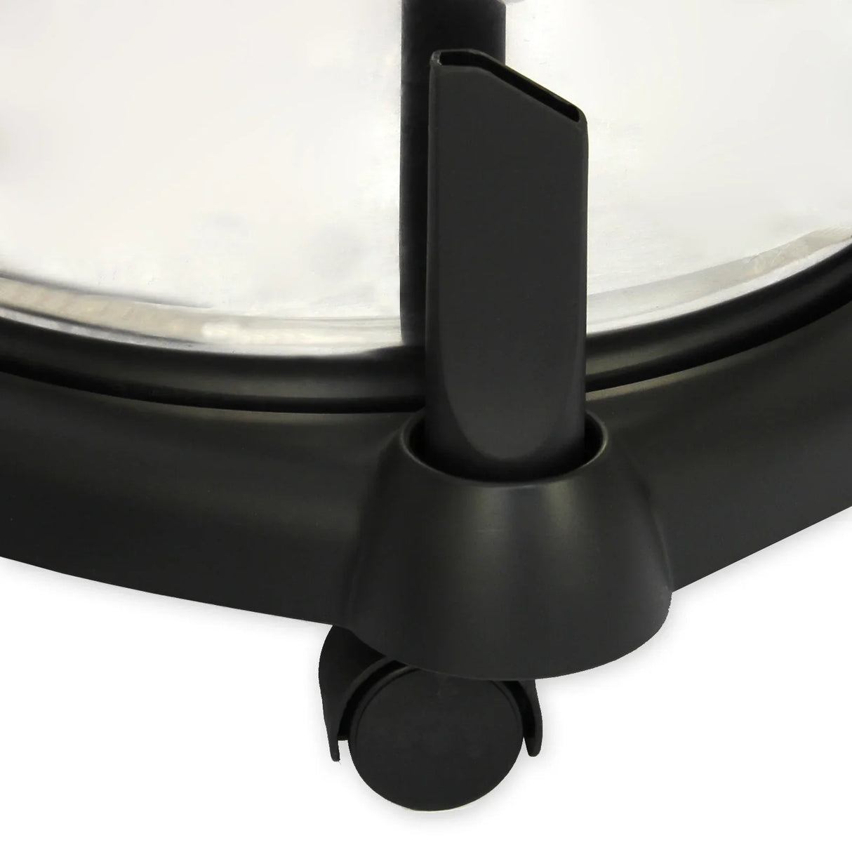 Close-up of the Gutter Vacuum's black plastic base with a clear tank, featuring a sturdy wheel for easy mobility and a sleek design