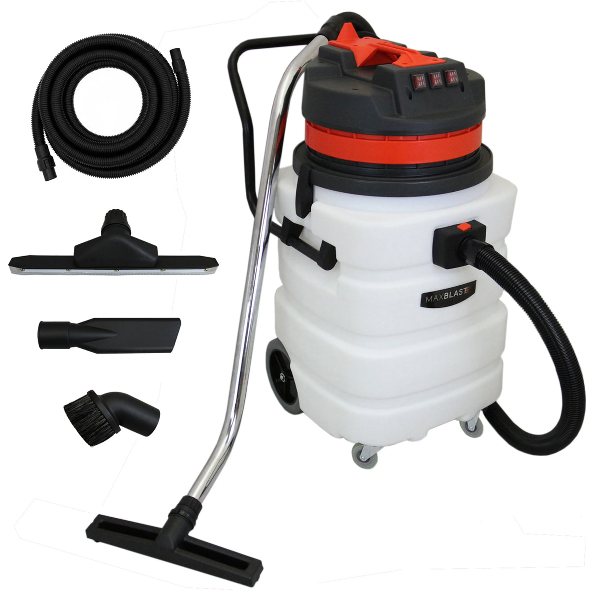 90L wet and dry vacuum featuring a sturdy white tank, red accents, a 5m hose, and multiple attachments for versatile cleaning tasks