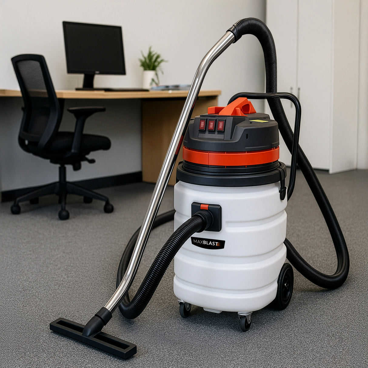 90L wet and dry vacuum with a 5m hose, featuring a sturdy white body, red accents, and a sleek metal handle, ideal for versatile cleaning