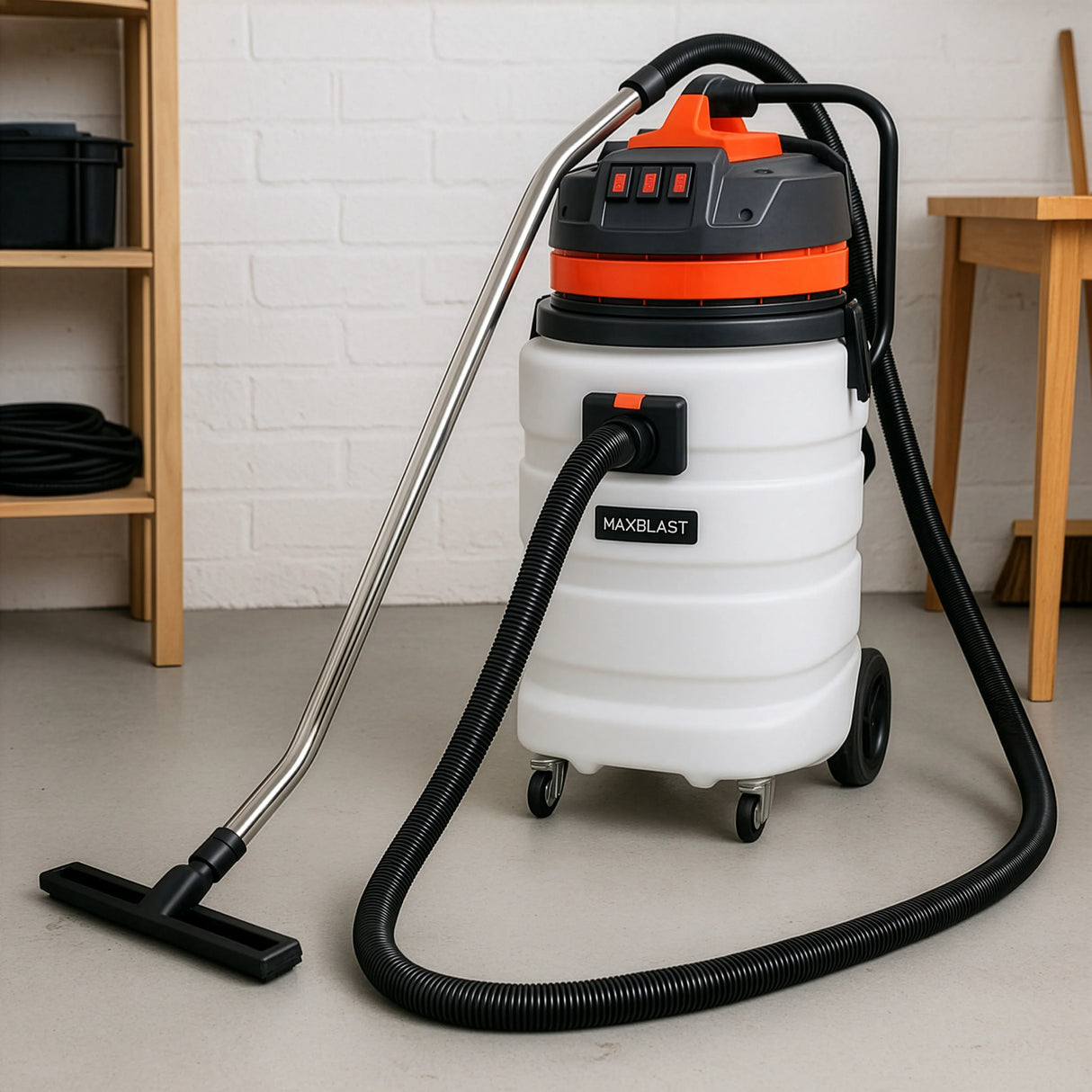 90L wet and dry vacuum cleaner with a 5m hose, featuring a sturdy white body, orange accents, and a chrome handle for easy maneuverability